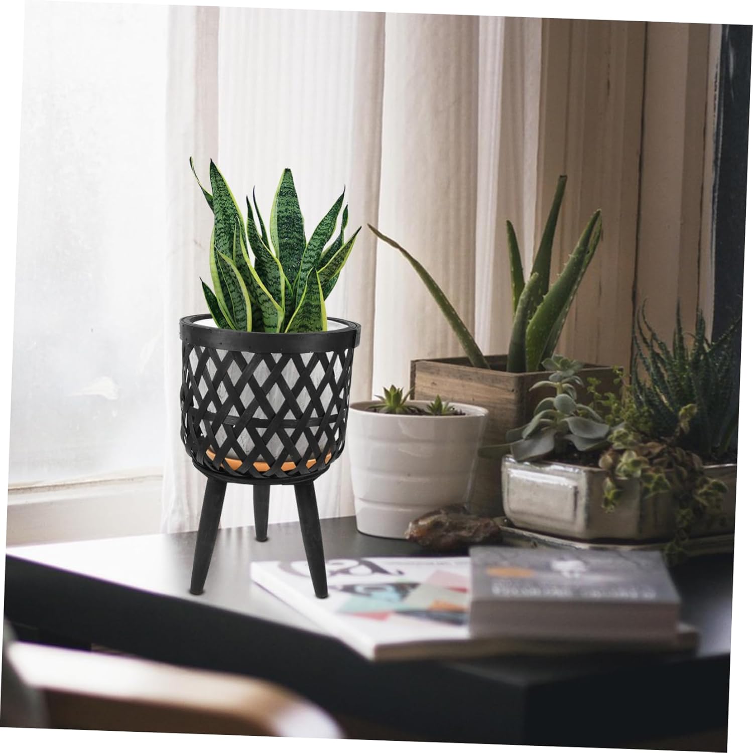 Sosoport Wooden Plant Stand Rustic Woven Plant Basket for Indoor Outdoor Home Supplies Decorative Rack
