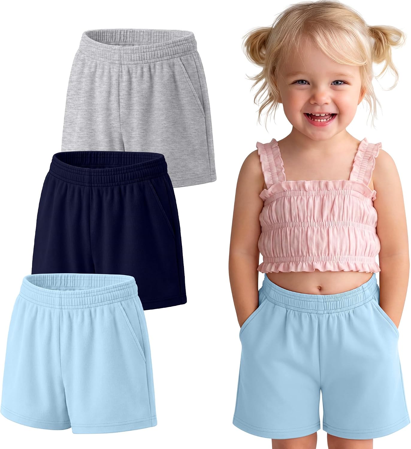 3 Pack Baby Toddler Girls' Cotton Shorts Infant Active Summer Athletic Casual Pull-on Pants with Pockets for 18M-5T