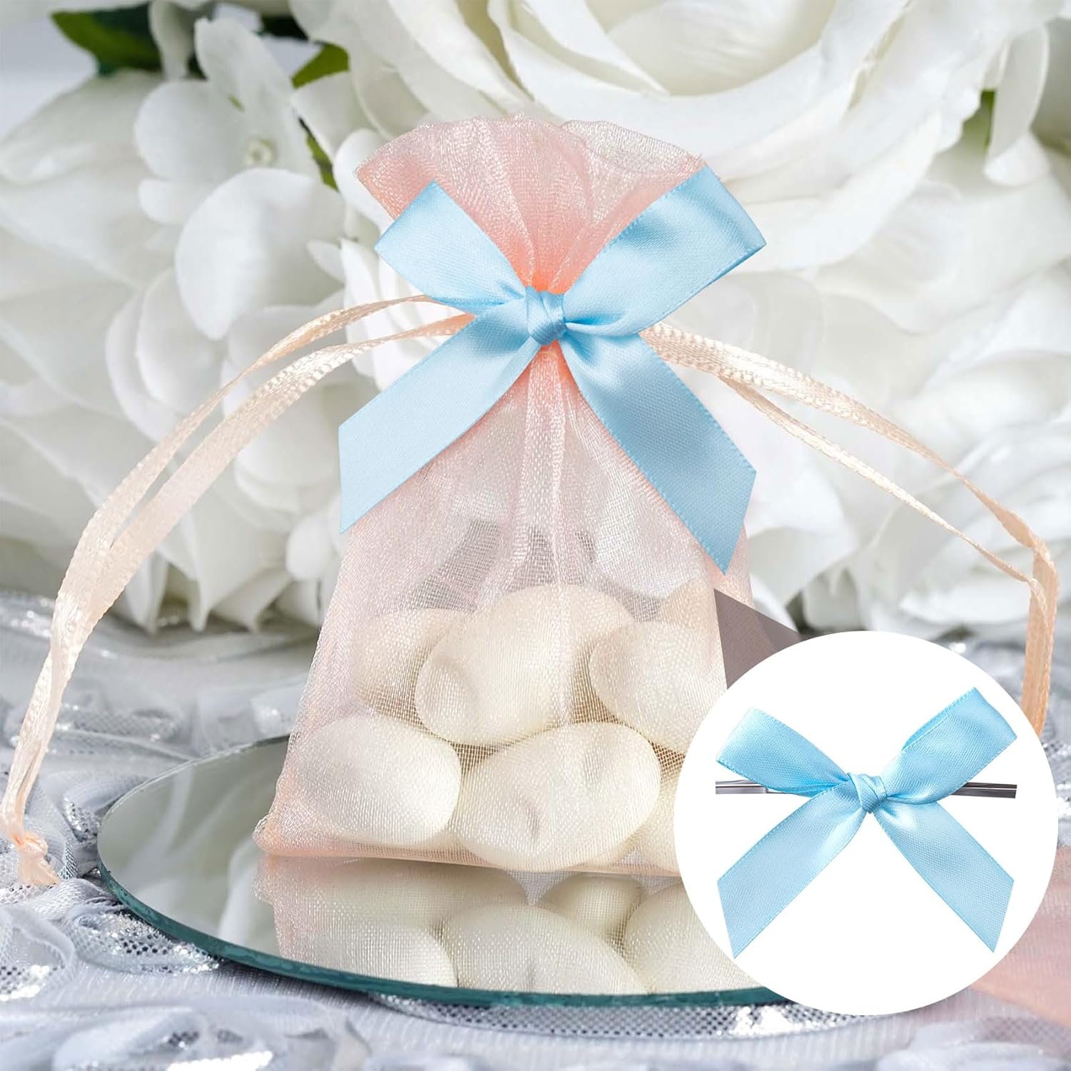 20pcs Twist Tie Bows, Satin Ribbon Premade Bows, Gift Wrapping Bowknot for Christmas Wedding Baby Shower Brithday Party Treat Bags Present Bags Bakery Candy Bags Decorations- Light Blue - Image 6