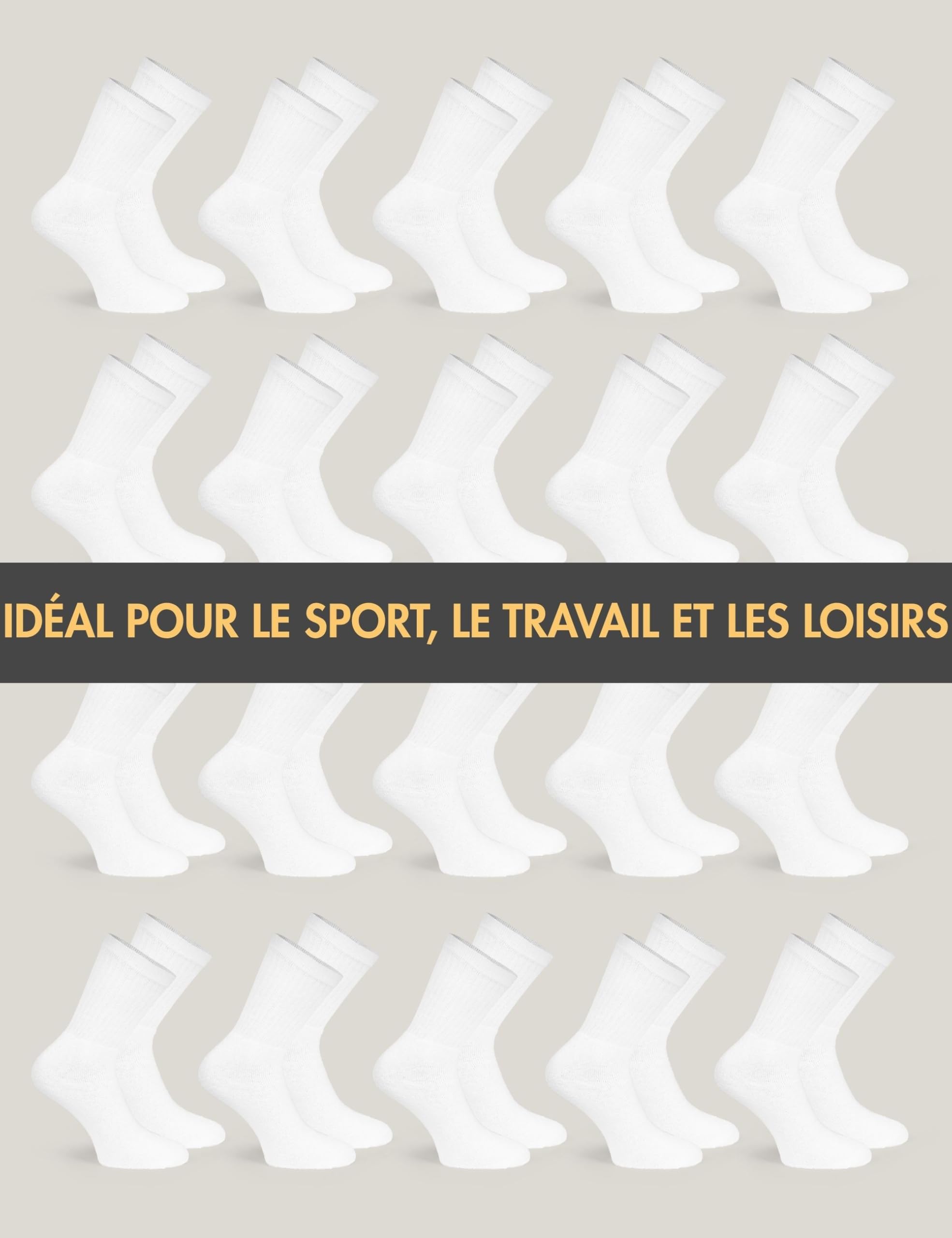 Basic Treasure Lot de 20 Paires Chaussettes de Tennis Unisexe Coton – 39/42, 43/46, 47/49 – Noir, Gris, Blanc Motif Rayé et Blanc Uni – Homme et Femme, Sport et Travail