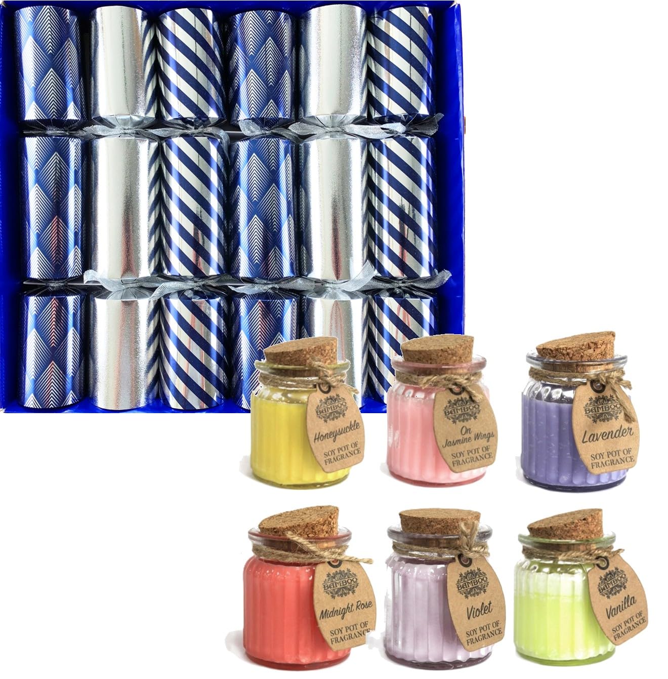 Crackers Ltd Silver Blue And Christmas Crackers, Set Of 6 Scented Soy Wax Mini Candles Inside