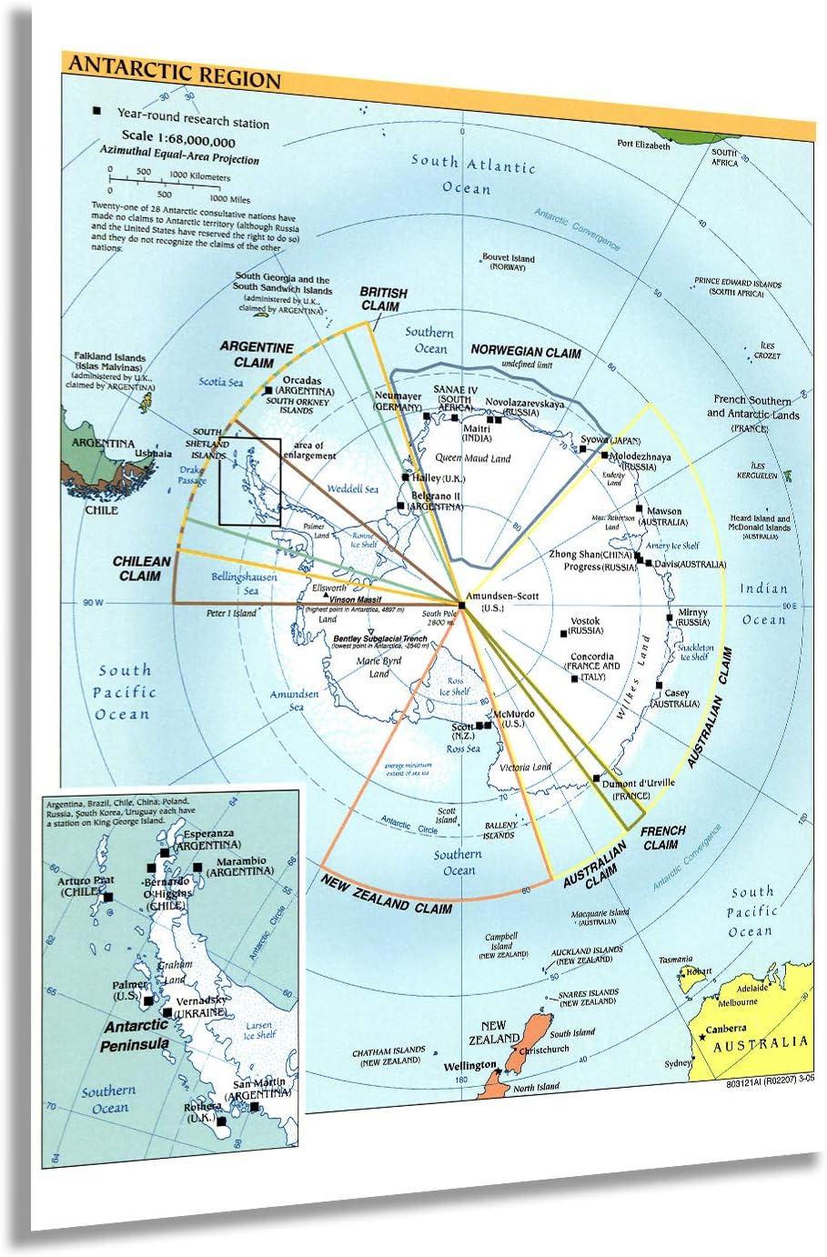 HISTORIX 2005 Map of the Antarctic Region - 24x32 Inch Antarctic Peninsula Map - Shows Territorial Claims and Year-Round Research Stations - Antarctica Poster - Map of Antarctica
