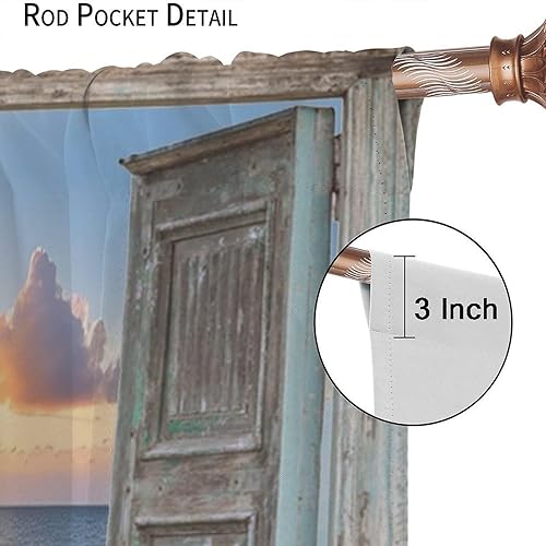 Miniatura 7 de Cortinas opacas para puerta de granero verde azulado con diseño de océano, playa, estilo hawaiano, puesta de sol, olas de mar, madera retro,