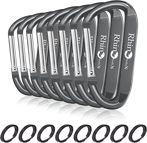 8PCS of Lightweight Duty Snap Carabiner Clips, D Ring Shape Carabiner with 8PCS Keyring - Excellent for Outdoor, Camping, Hiking, Keychains, Water