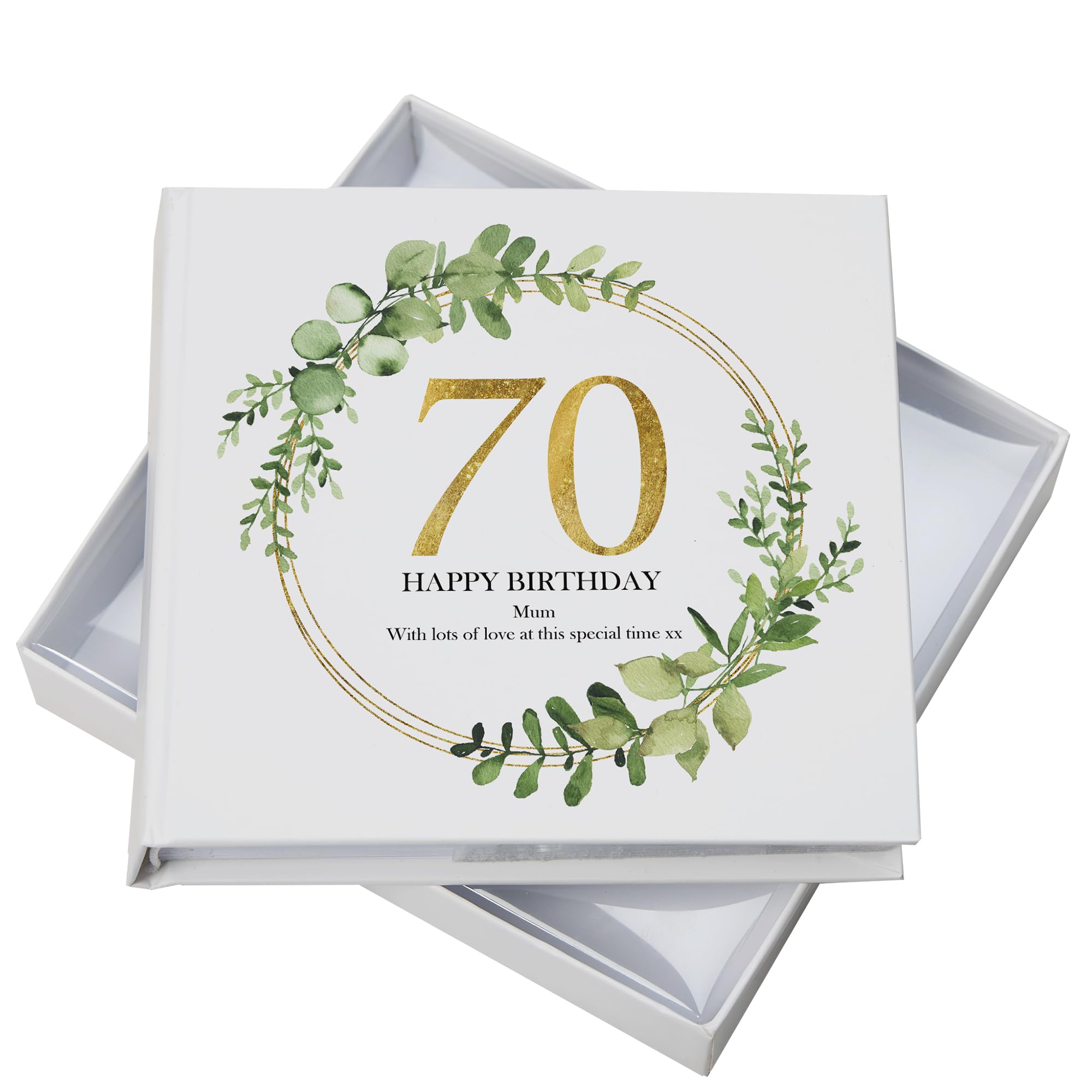 Ukgiftstoreonline White Personalised 70Th Birthday Gift For Her Photo Album Gold Wreath Design