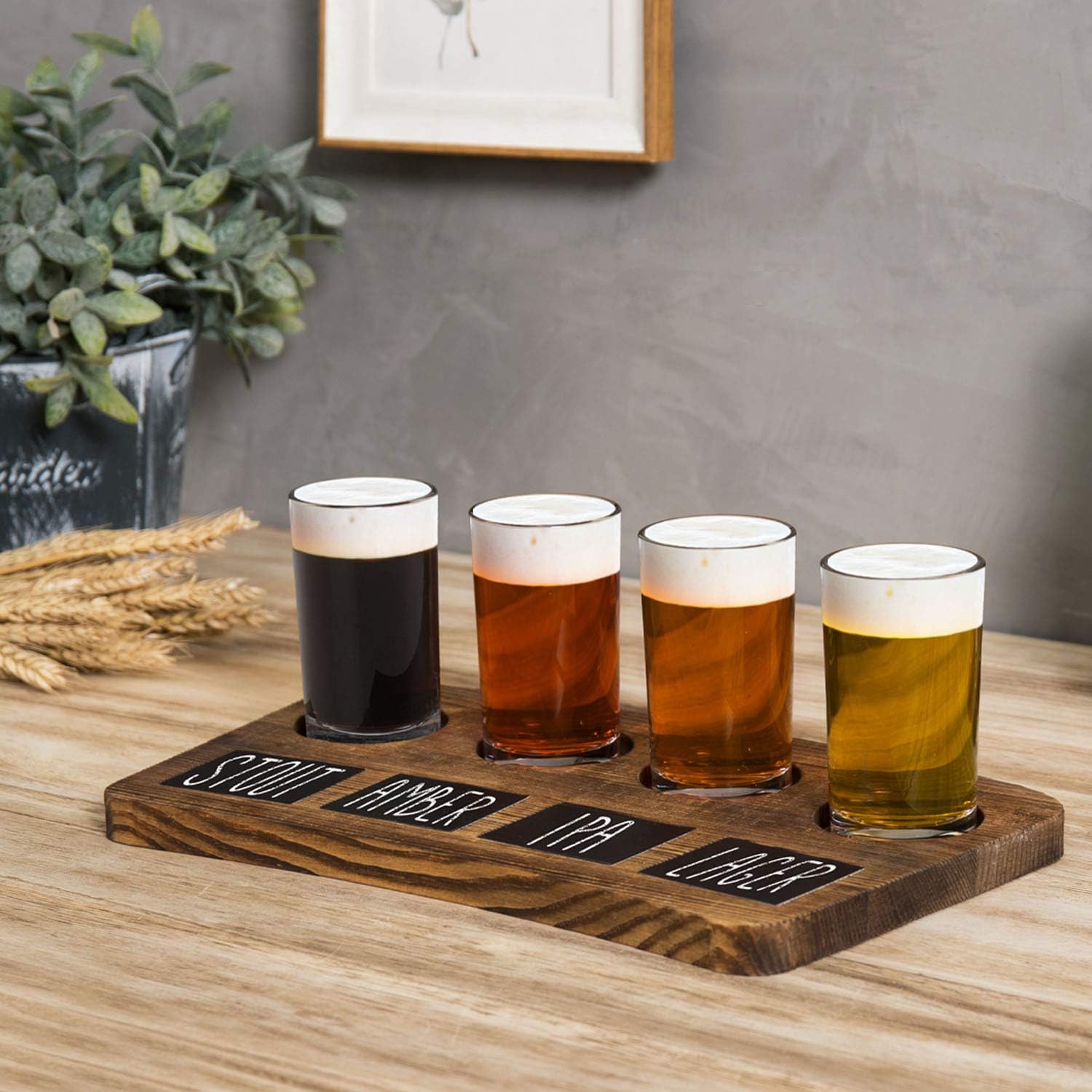 MyGift Beer Flight Board Sampler Set with 4 Tasting Beer Glasses, Brown Wood Serving Tray and Chalkboard Labels, Set of 2