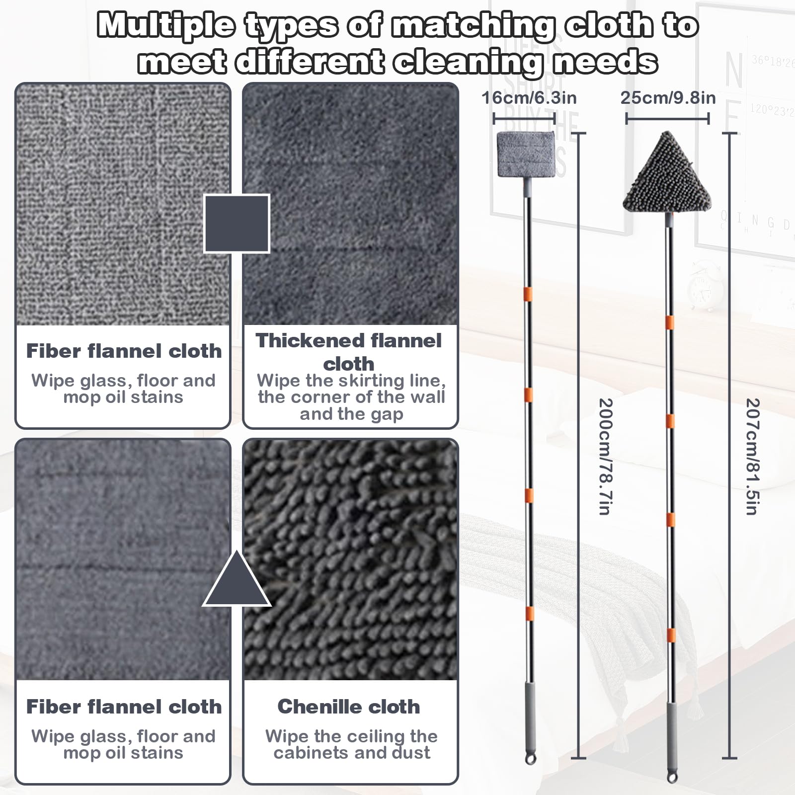 Vadrouille Rotative 360° Triangulaire 230cm Avec 8 Pads Microfibre - Balai Plafond Fenêtre Mur Vadrouille Pliable