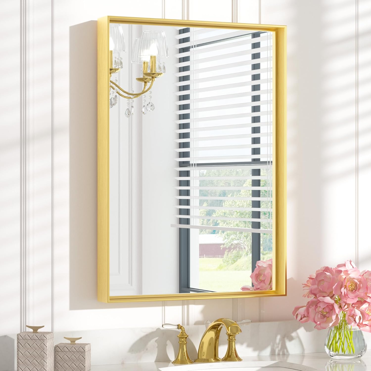 Keonjinn 22 x 30 Inch Gold Bathroom Mirror for Over Sink Brushed Gold Rectangle Wall Mounted Mirror Metal Frame Modern Farmhouse Mirror with Square Corner Framed Mirror(Horizontal/Vertical) Brushed Gold 30"L x 22"W