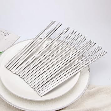 IQCWOOD Metal Chopsticks,10 Pairs 304 Stainless Steel Flat Chopsticks, 8.66 Inch Dishwasher Lightweight Korean Chopsticks Set Reusable Classic Style for Dinner