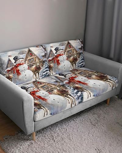 Miniatura 10 de Red Snowman Christmas Couch Cushion Covers, Stretch Sofa Cover with Elastic Bottom, Let Snow Xmas Winter Snowflake Sofa Slipcovers Protector