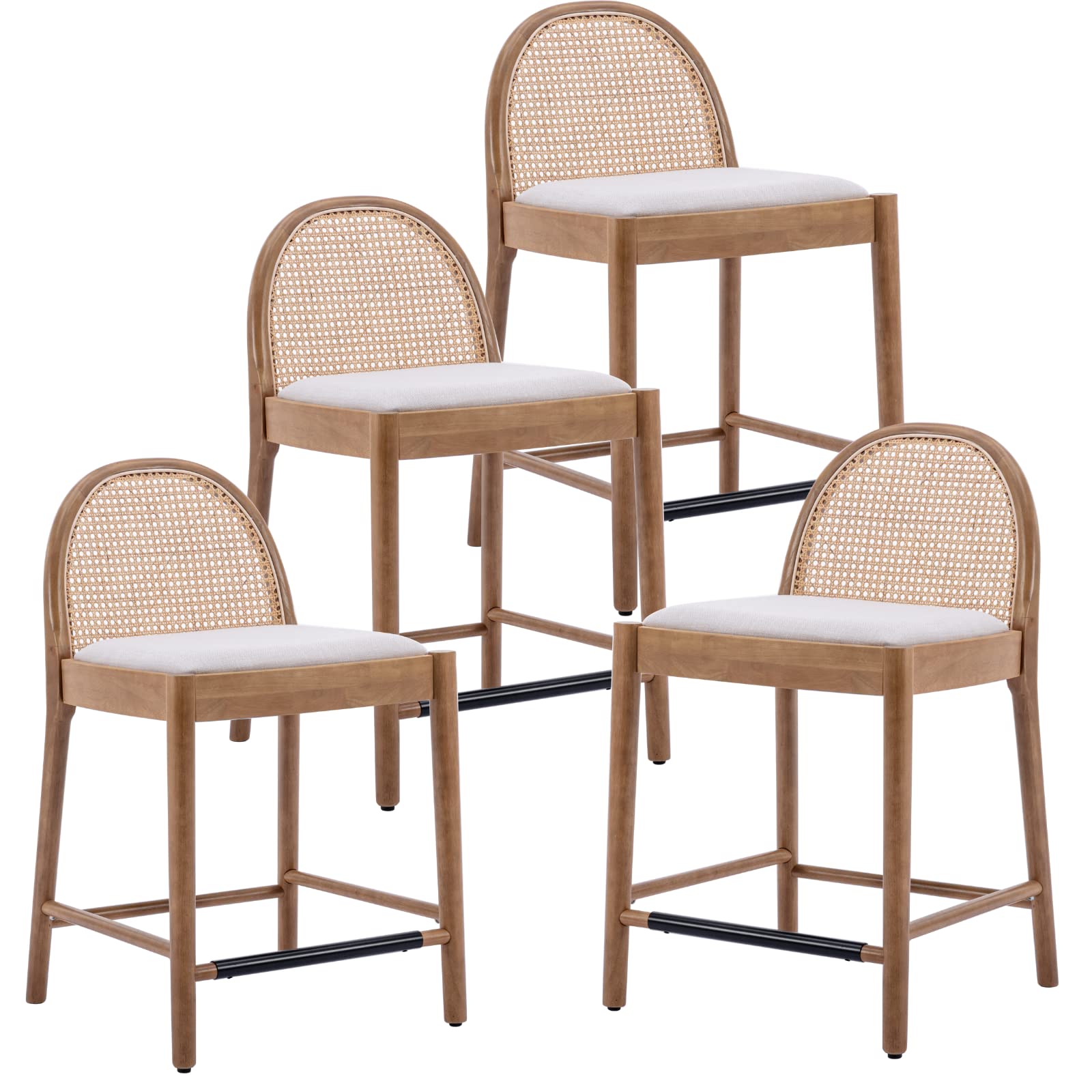HEAH-YO Rattan Bar Stools Set of 4, Modern 30 Inches Counter Height Bar Stools with Rattan Backrests and Wood Legs, Upholstered Linen Kitchen Stool