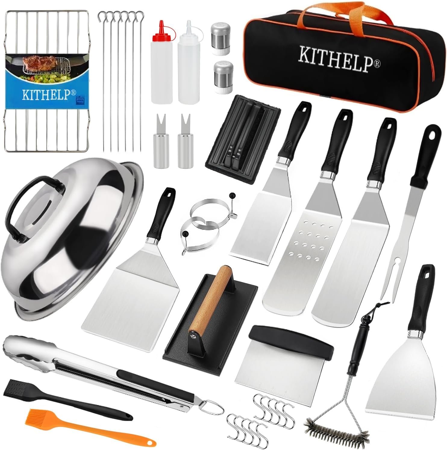 40PCS Griddle Accessories Kit, Flat Top Grill Accessories Set for Camp Chef, Griddle Spatula Set with Burger Press, Scraper, Tongs and Carry Bag for Outdoor BBQ