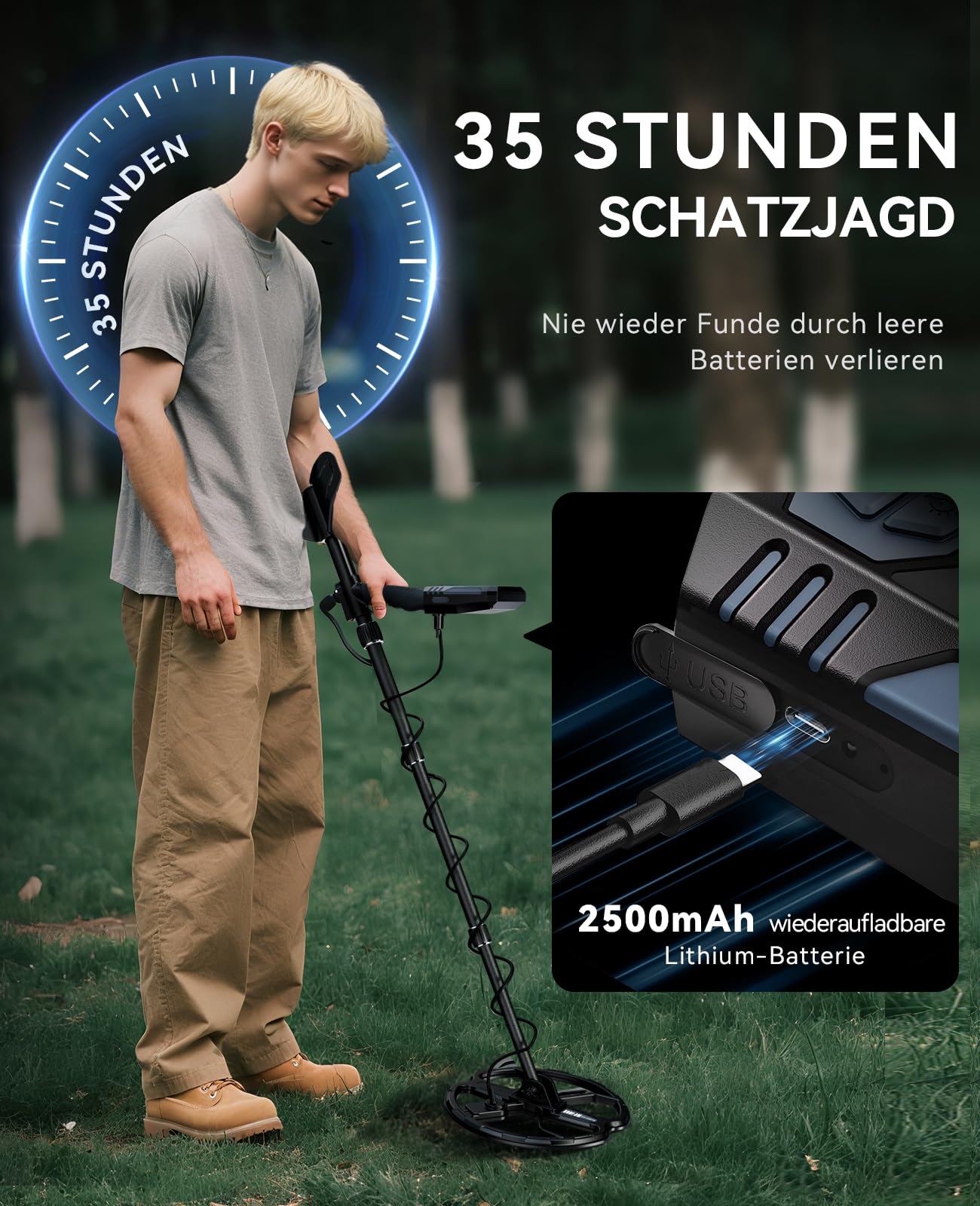 SUNPOW Wiederaufladbarer Metalldetektor für Erwachsene – 11" Dual-D-Spule, 35h Lithium-Akku, 10 Empfindlichkeitsstufen, 4 Suchmodi, 7-Metall-ID, IP68 Wasserdicht, mit Schaufel, Rucksack & Kopfhörer
