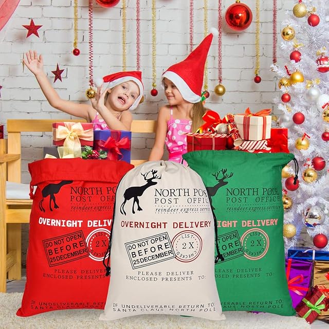 KOMIWOO 3 Pack Christmas Sacks, Xmas Santa Sacks Gift Bag Present Stocking Candy Bags Decoration