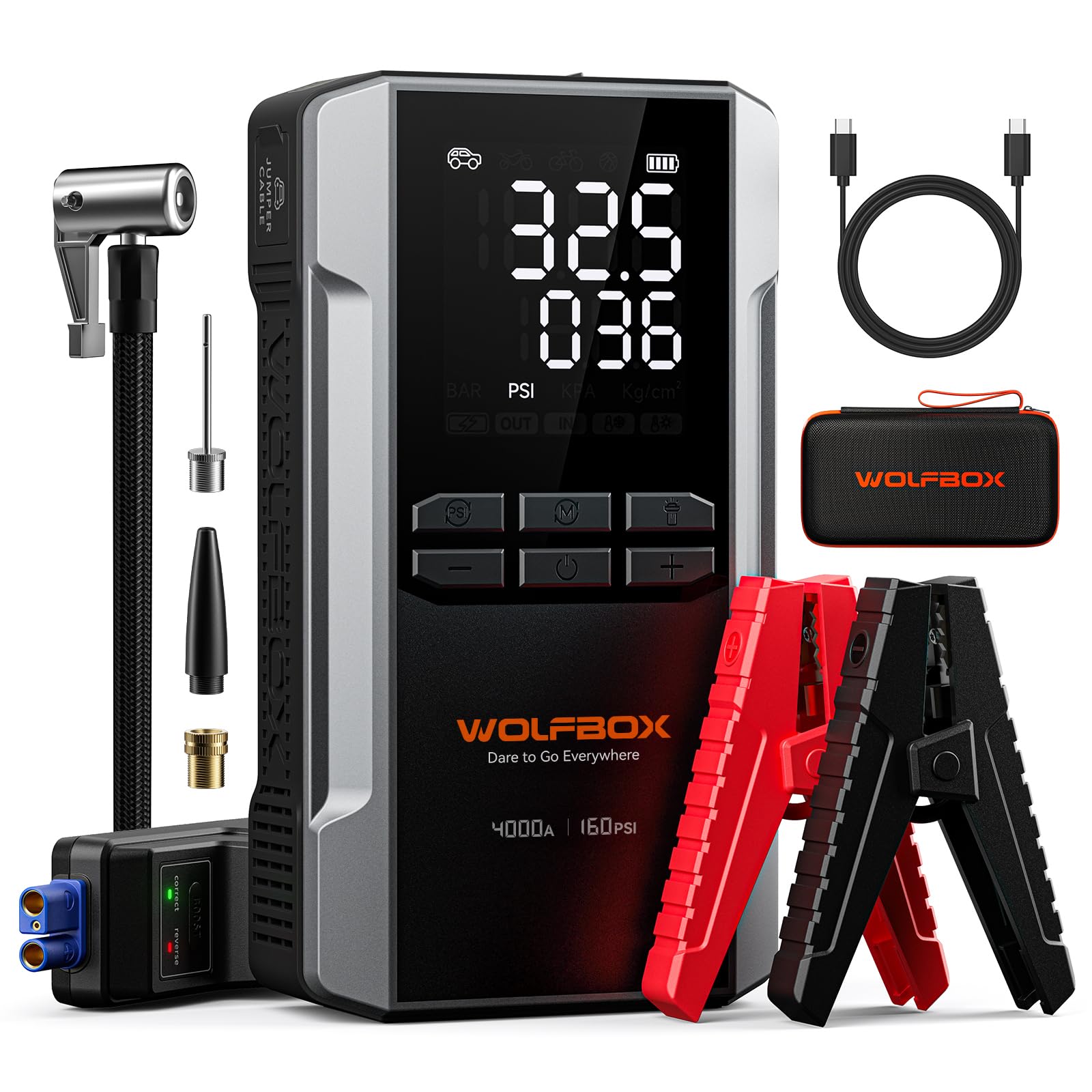 WOLFBOX 4000A Car Jump Starter & 160PSI Air Pump, 24000mAh Power Bank with 65W USB-C Fast Charging, 12V Portable Battery Booster for Up to 10L Gas/Diesel Engines, LED Display, Light & Cables-image-18