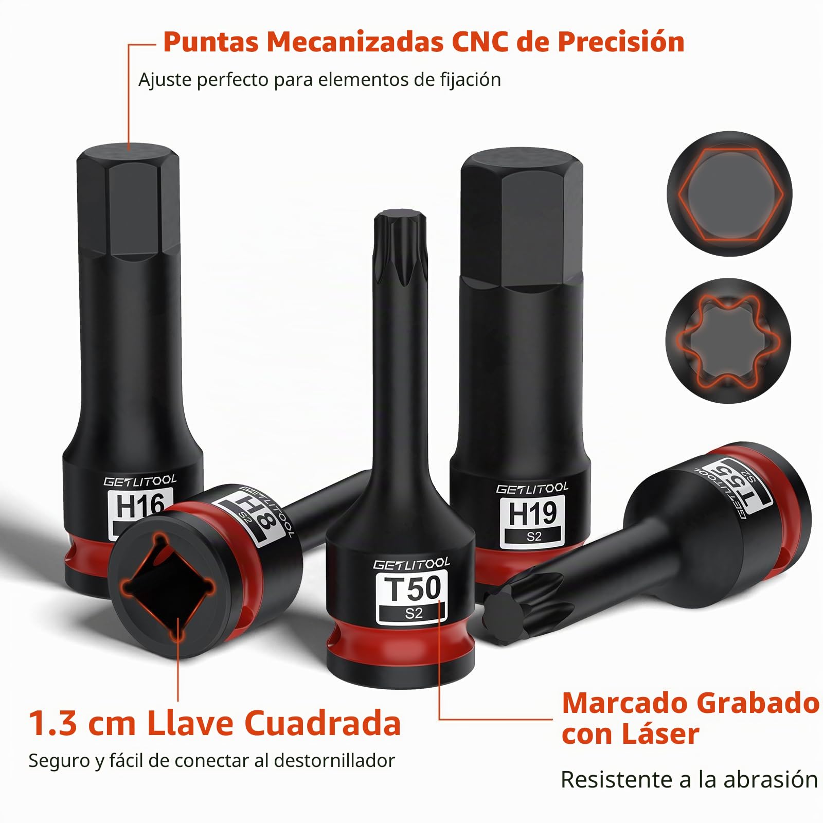 GETLITOOL Juego de 20 llaves Allen de impacto 1/2 pulgada S2 acero hexagonal y Torx, tamaño marcado, caja de almacenamiento