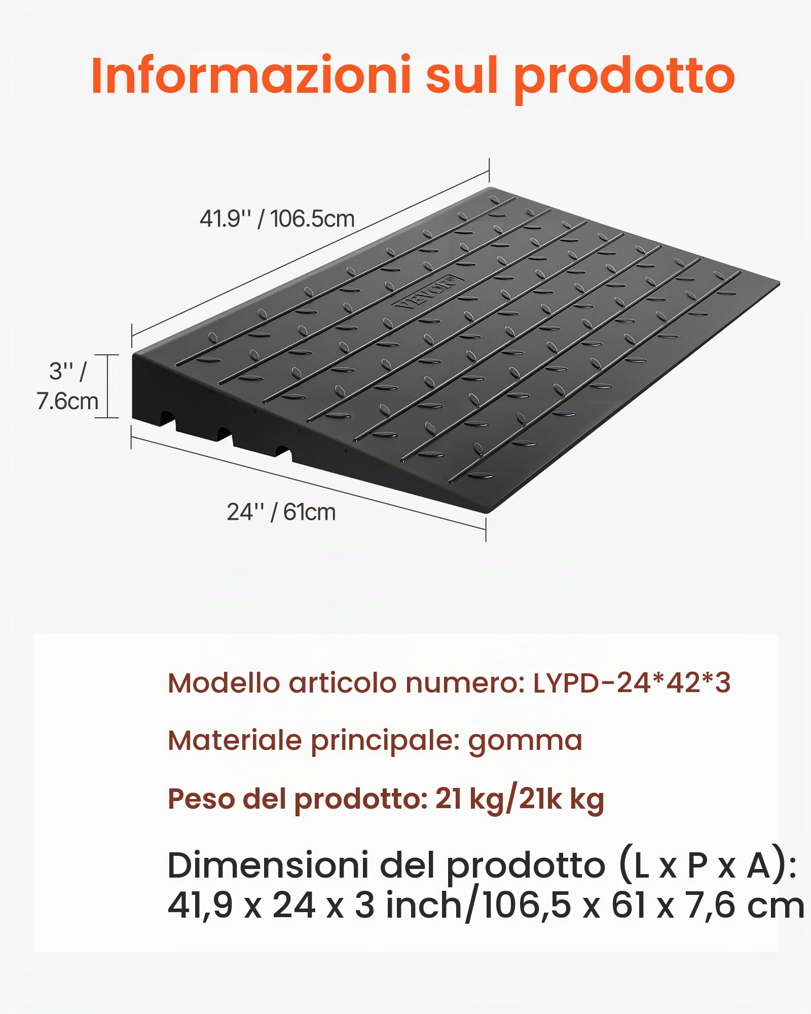 VEVOR Rampa di Soglia in Gomma Soglia di Aumento da 3", Copertura del Cavo a 3 Canali Rampa di Soglia in Gomma Solida, Ingresso Angolato Capacità di Carico di 2200 libbre