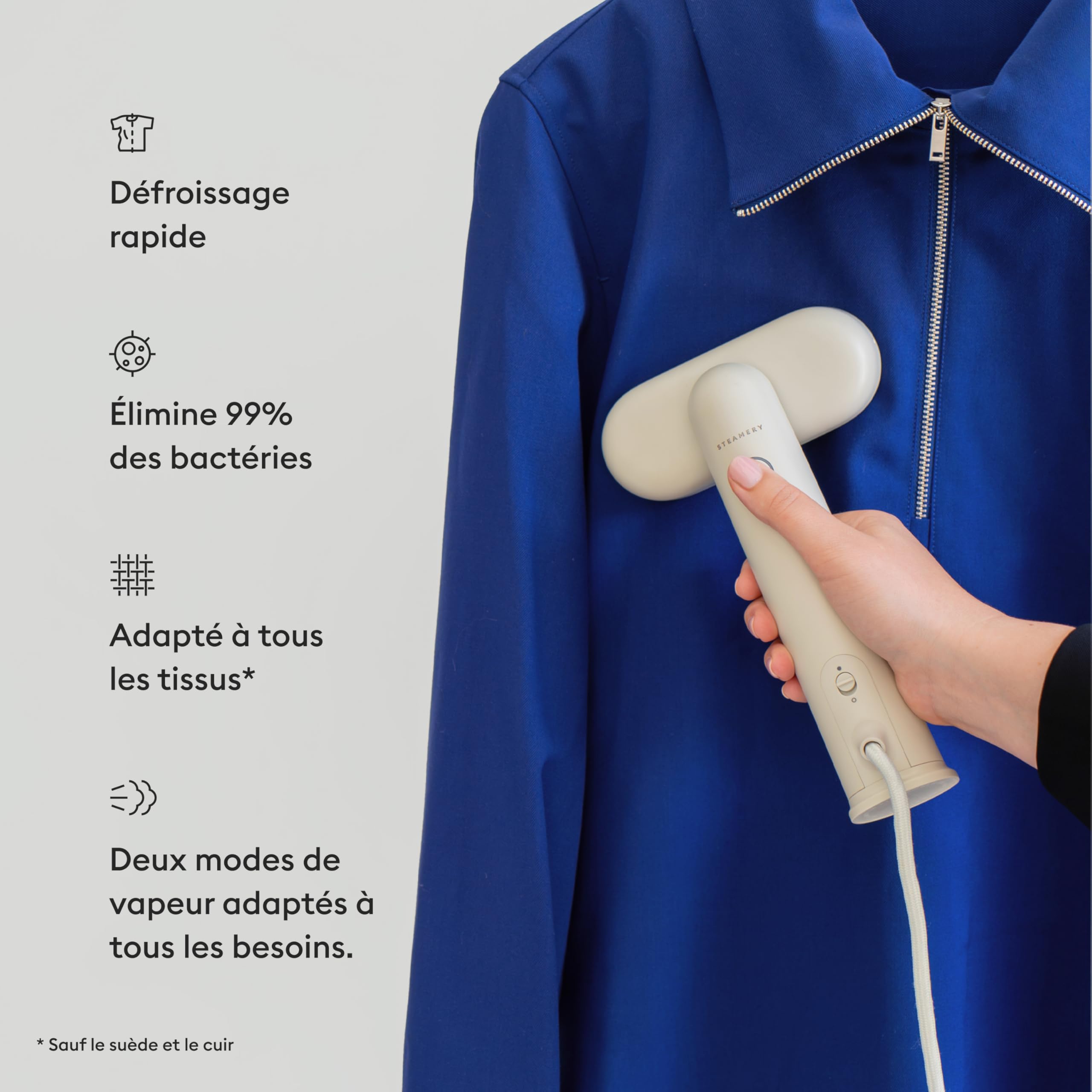 Steamery Travel Steamer Cirrus Lite, 1200 W, Débit de vapeur 16 g/min, Durée de chauffe 18 secondes, Portable et Pliable, Tête de défroissage rotative, Technologie Dry Steam, Beige
