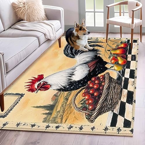 Miniatura 3 de 2.7x5 Area Rugs, Rooster Non-Skid Rubber Backing Large Rectangle Rugs - Living Room Bedroom Home Office, Retro Farmhouse Animals Watercolor Indoor