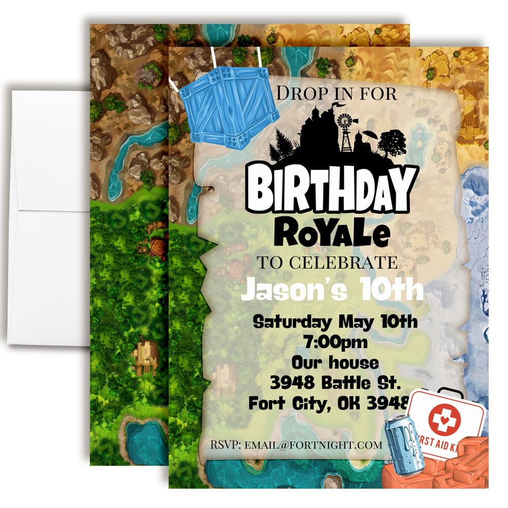 Custom Birthday Invitations Map Fort Battle Party Invites 30 Pack 5x7 Custom Map Fort Battle Birthday Invitation Cards With Thirty Envelopes - Unique