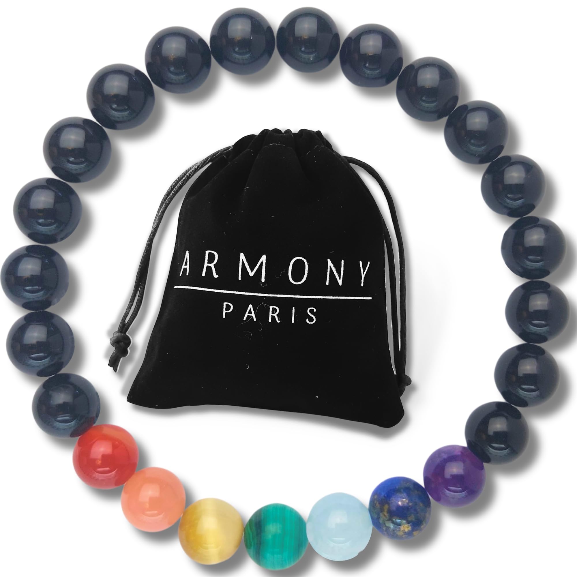 ARMONY PARIS Pulsera Piedras Naturales 7 Chakras Mujer Hombre Cuentas 8 mm (OBSIDIAN NEGRO)