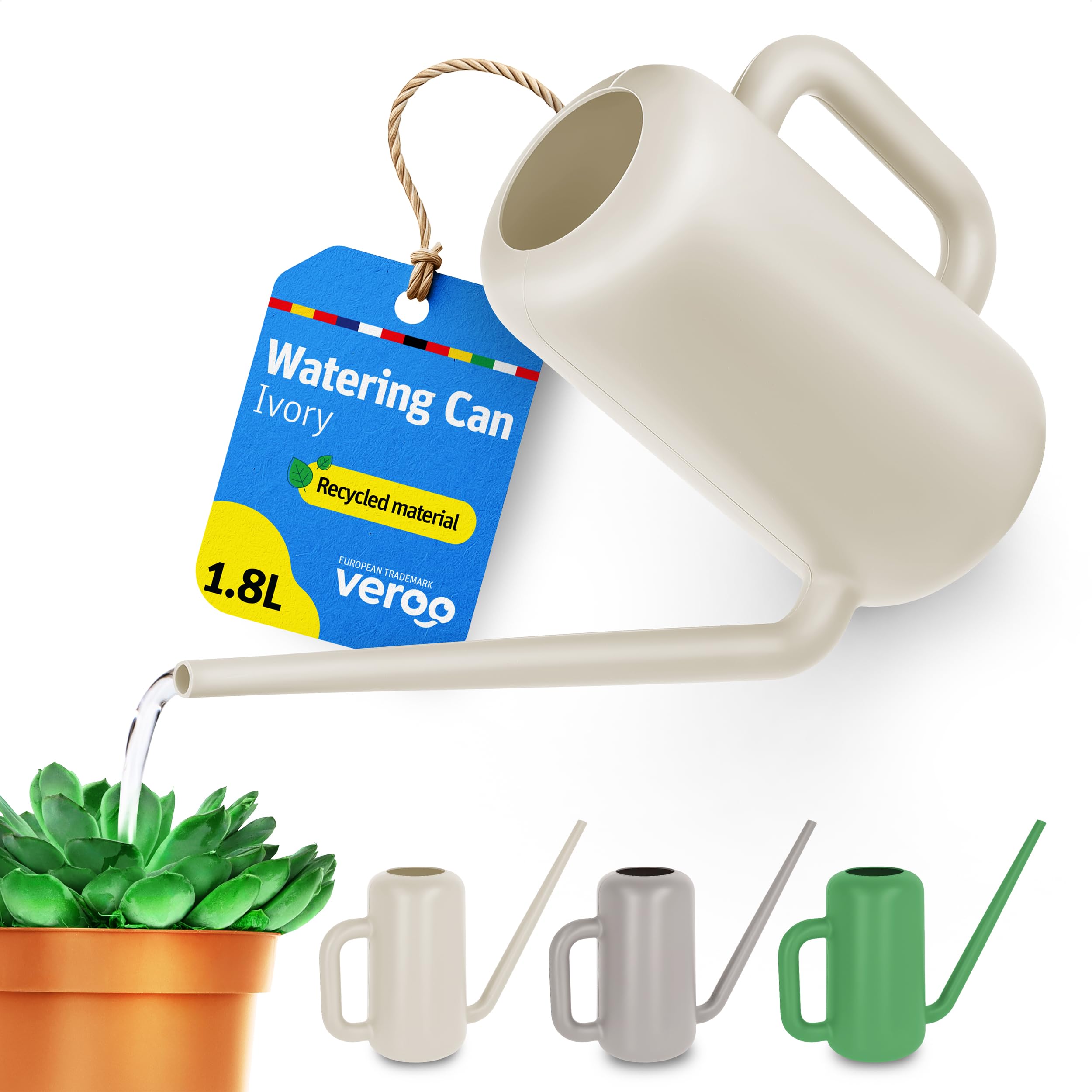 Veroo Ivory Small Indoor Watering Can For House Plants 1.8L, Made Of Recycled Plastic, With Long Spout For Easy Watering (Ivory)