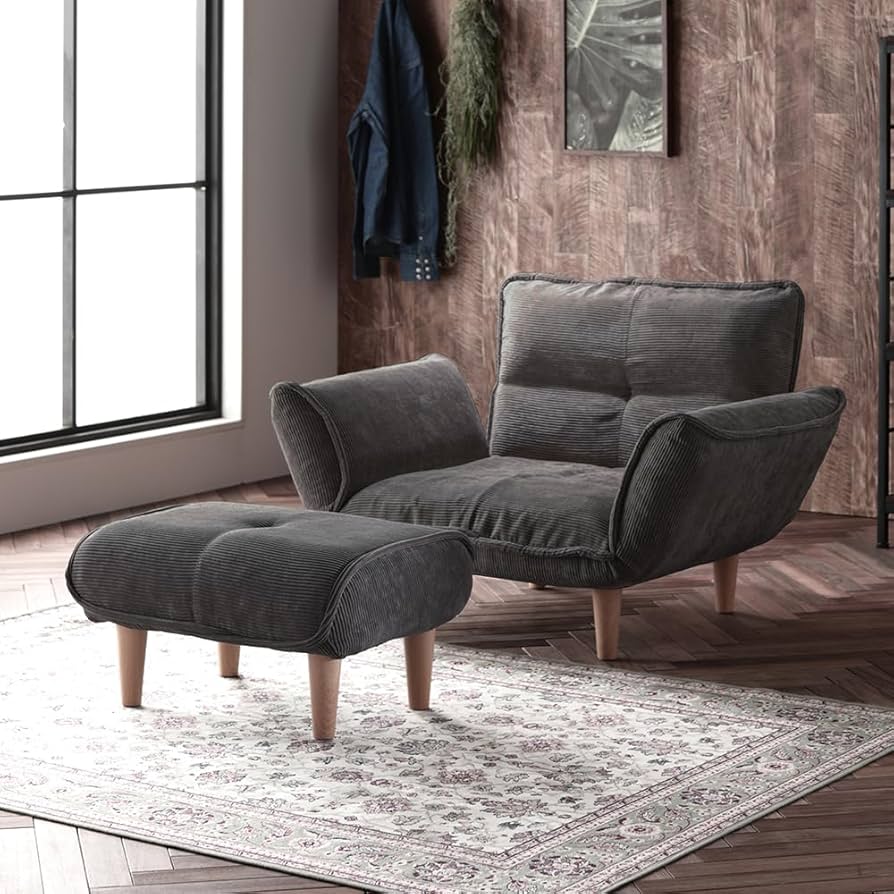 【新品・最安】コーデュロイ1人掛けソファ - チャコールグレー Amazon｜ソファー 1人掛け オットマン付き カウチソファー