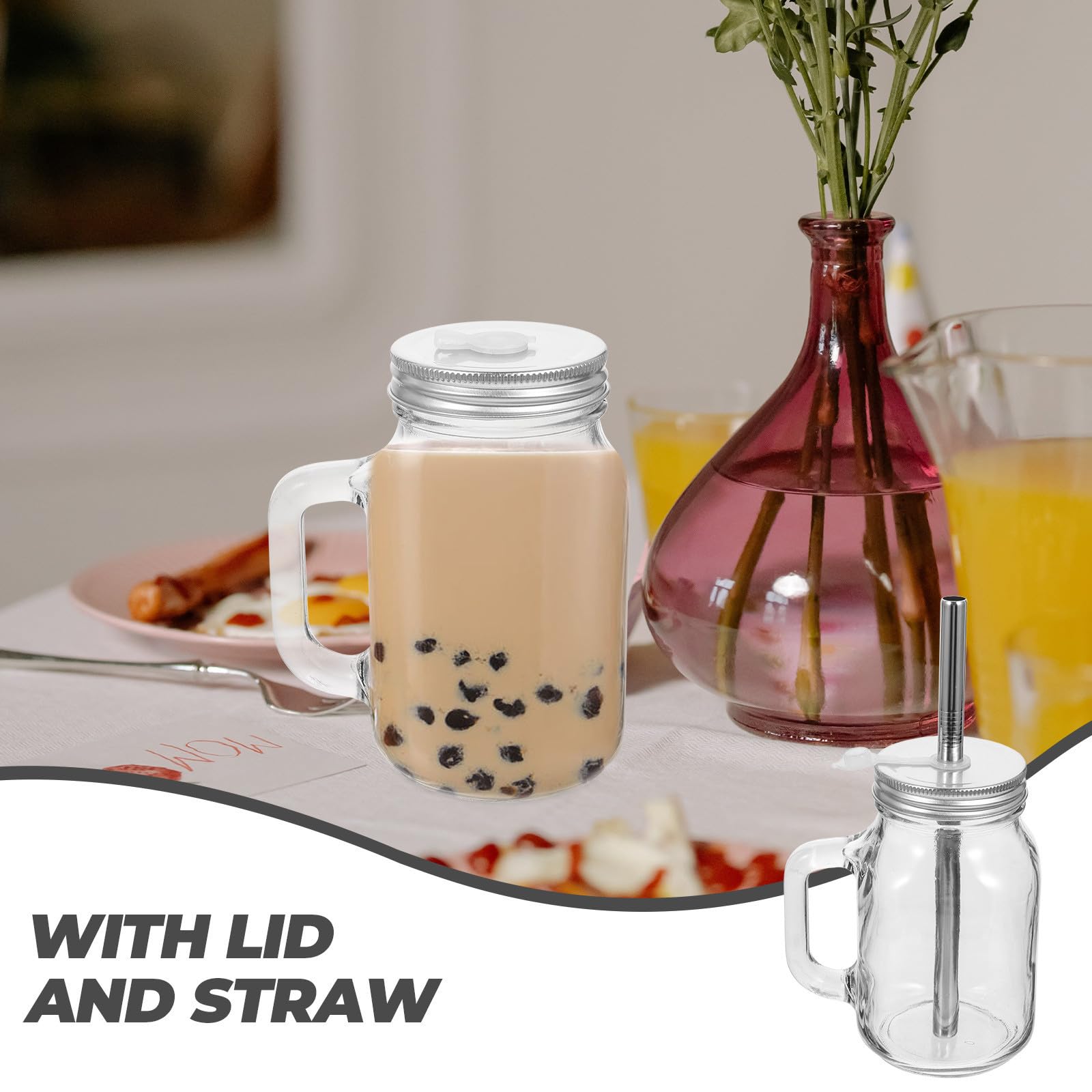 Wiederverwendbare Glasflasche 650ml 2 Stück aus Edelstahl für Getränke | Saft, Milch, Joghurt und Mehr, Flacher Boden, Trinkbecher mit Strohhalm, Transparentes Design