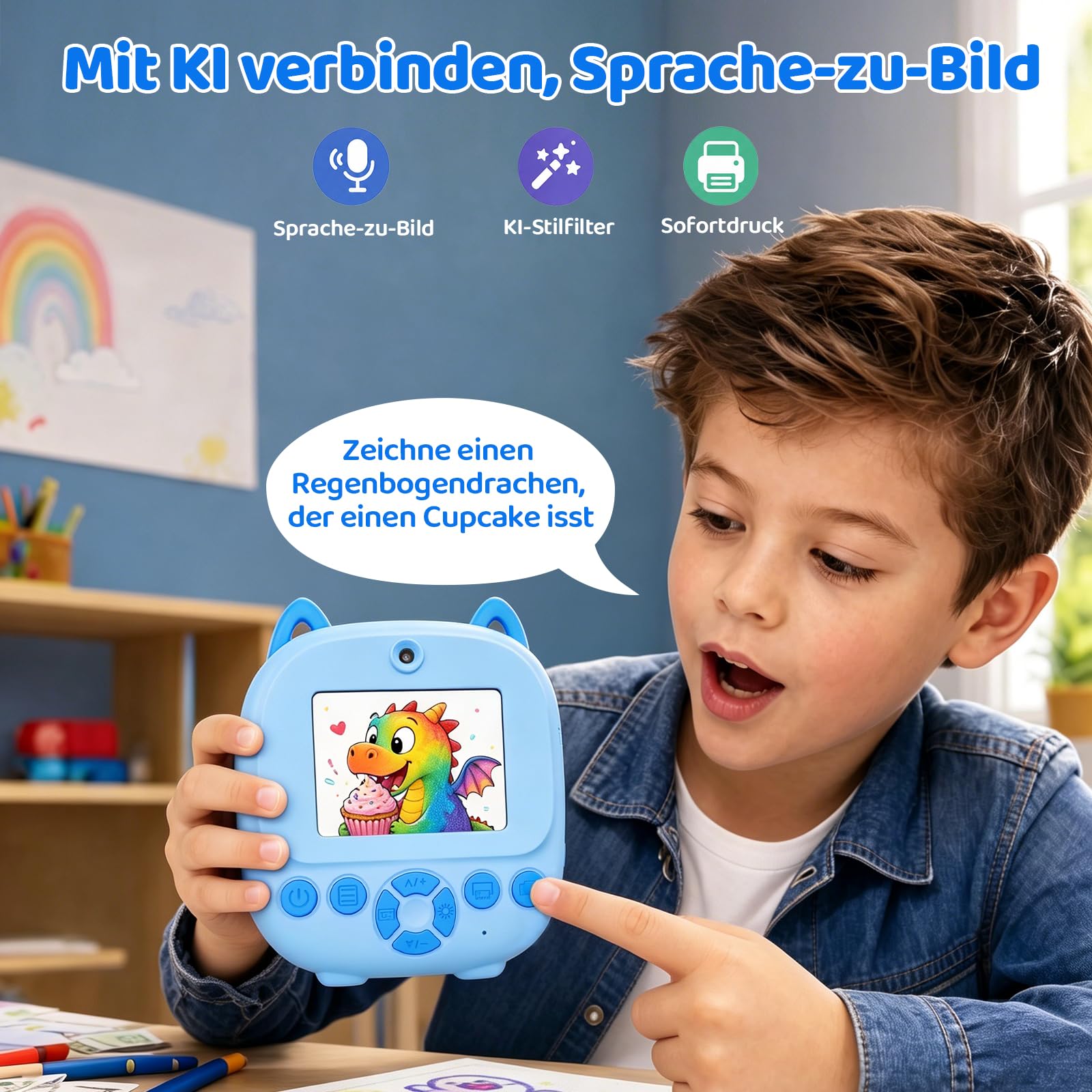 CHAKEYAKE Kinderkamera Sofortbildkamera, KI Sprachdrucker Digitalkamera mit Sprachsteuerung, Objekterkennung, Fragen & Antworten, Texterkennung, kreativen Filtern, Geschenk für Jungen und Mädchen