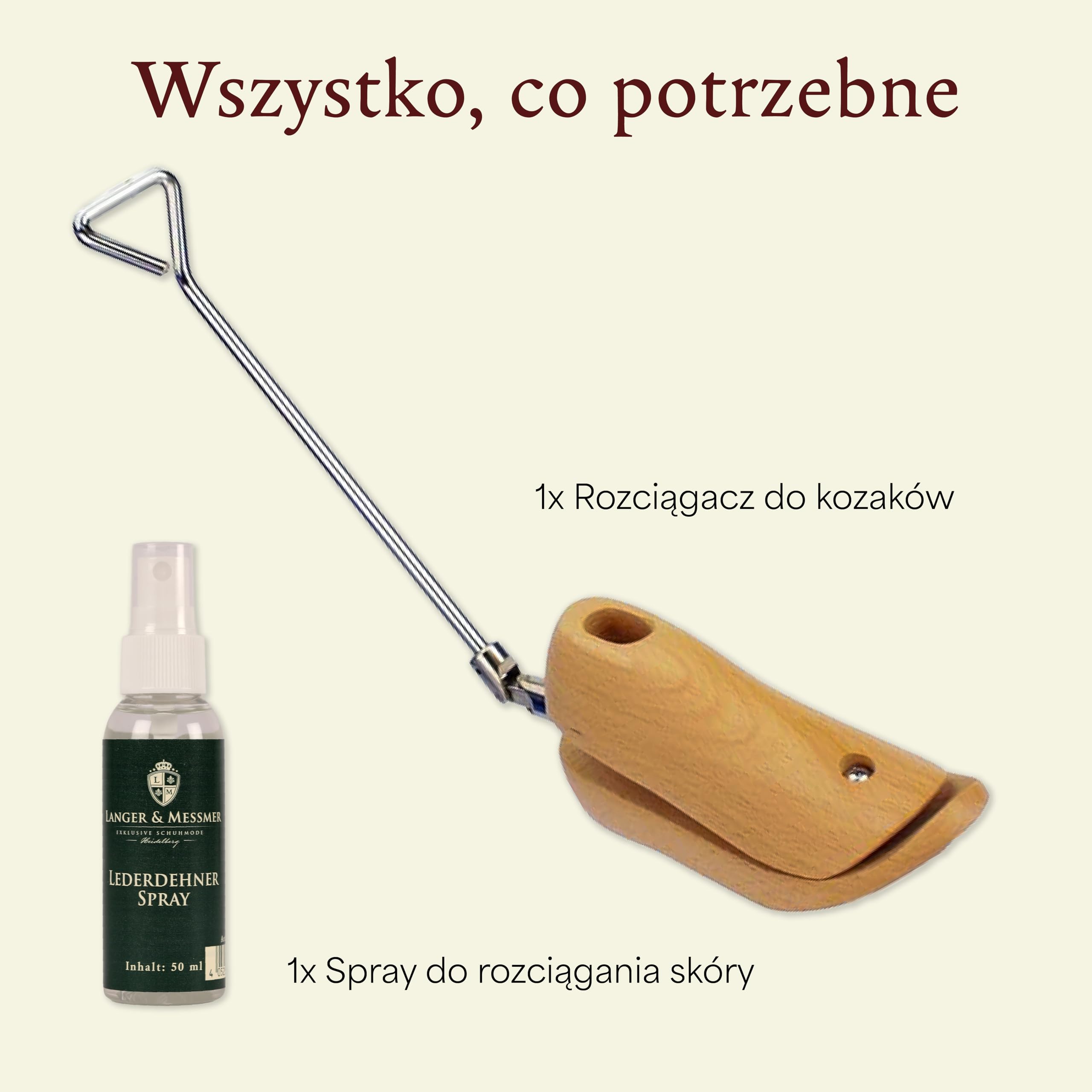 Langer & Messmer Rozciągacz do butów i podbicia butów dla mężczyzn zapobiegający uciskaniu butów – wykonany z litego drewna bukowego w sprayu do rozciągania skóry 50 ml