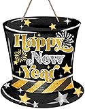 Deroro Happy New Year 2026 Hat Front Door Sign, Black Gold Celebration Wood Door Hanger Outdoor Outside Porch Decor, Golden Christmas Winter Holiday Party Wooden Wreath Indoor Wall Hanging Decoration...