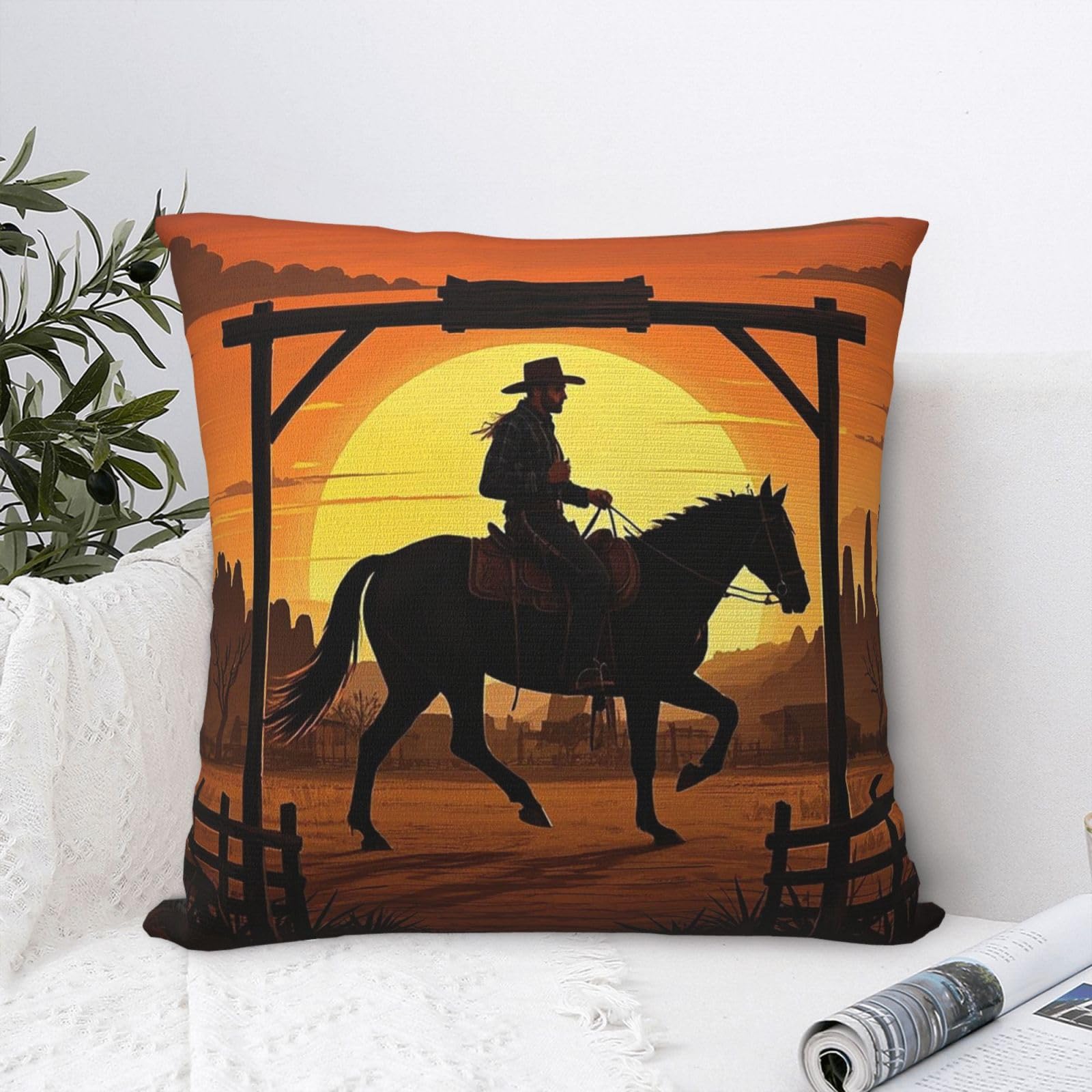 FodPand Luxury Velvet Throw Pillow Covers 20"x20" Super Soft Decorative Pillow Cases - Cowboy Riding Ranch Desert Pillowcases Modern Lumbar Cushion Cases for Couch Sofa Bed Pillow Shams