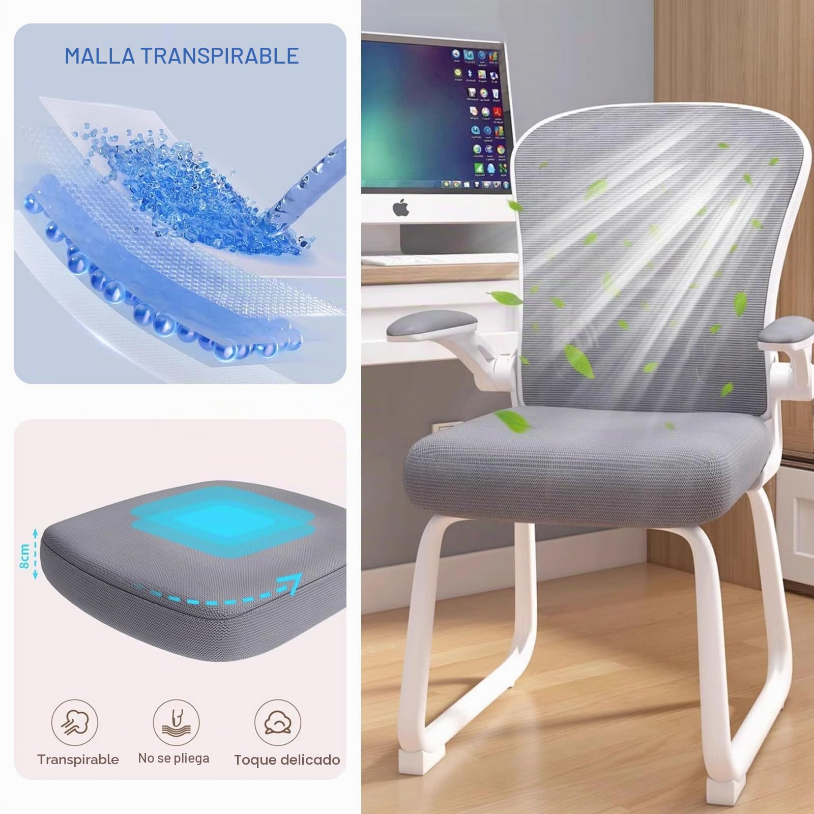 Silla Escritorio de Malla Transpirable Sin Ruedas, Silla Oficina con Brazos Abatibles, Silla Ergonómica, Sillas Gamer para Salas de Conferencias, Bibliotecas, Salas Capacitación(Black)
