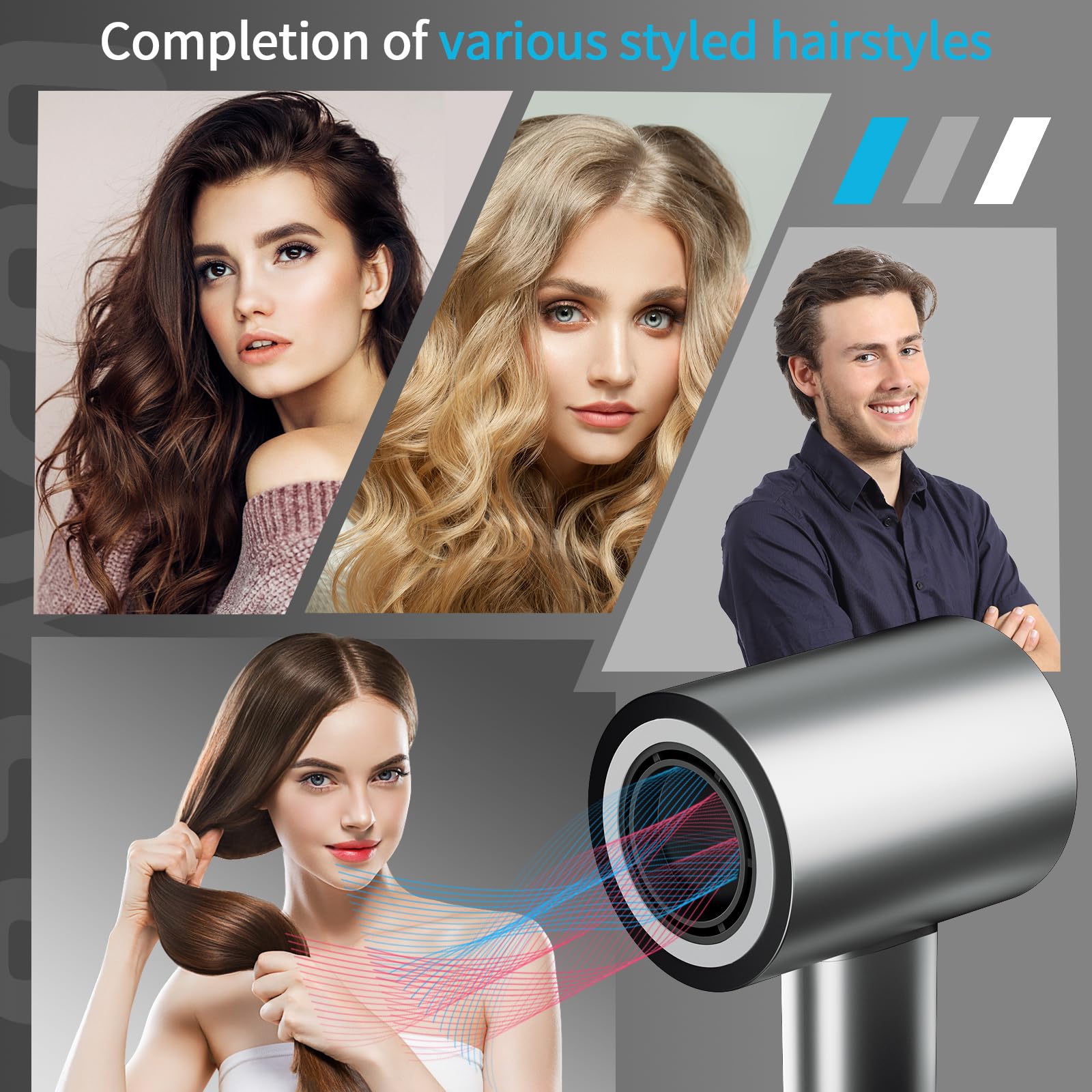 Seche Cheveux Professionnel Ionique 1500W 4 niveaux de température & 3 niveaux de vitesse seche cheveux ionique voyage Écran HD Température Écran tactile (Gris)
