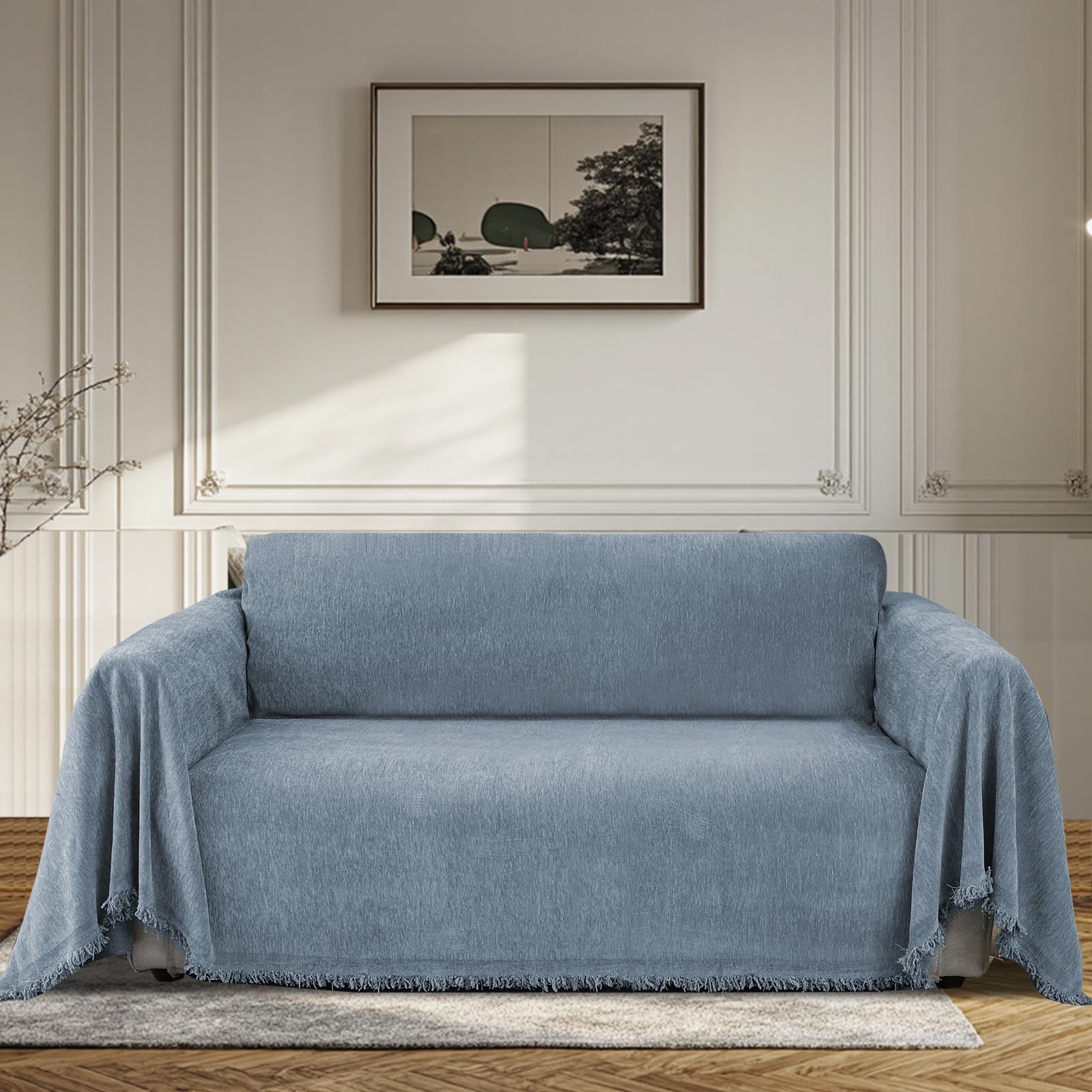 BellaHills Sofa Cover 3 Seater Chenille Sofa Covers 2 Seater Armchair Covers L Shape Sofa Slipcover Non-Slip Couch Covers with Tassel Sofa Protector from Dogs, 180x260cm, Stone Blue — image 1
