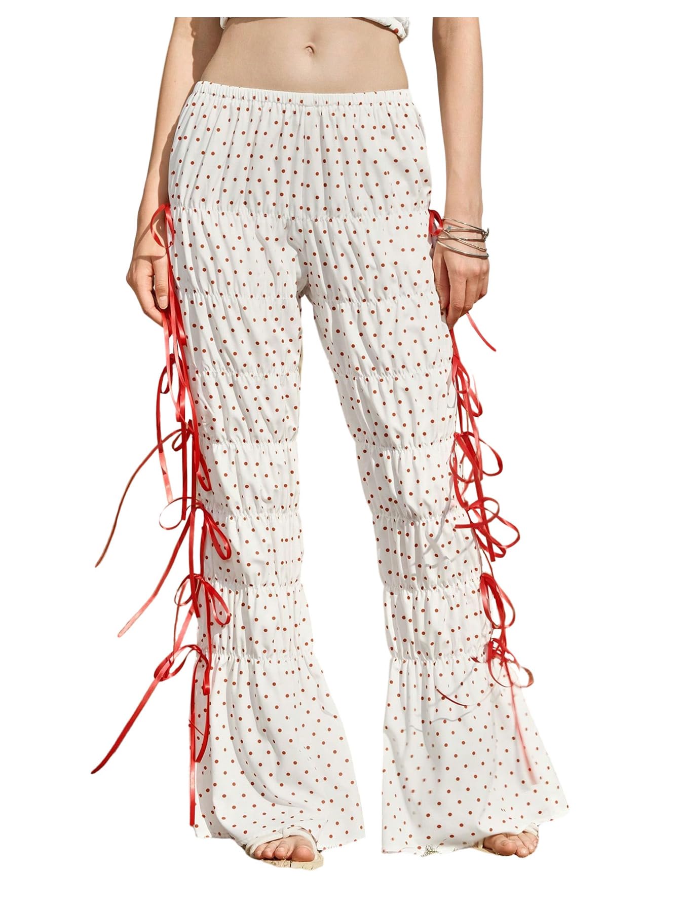 OYOANGLE Womens Flare Leg Polka Dots Pants Bow Tie Elastic Waist Tiered Ruched Trousers