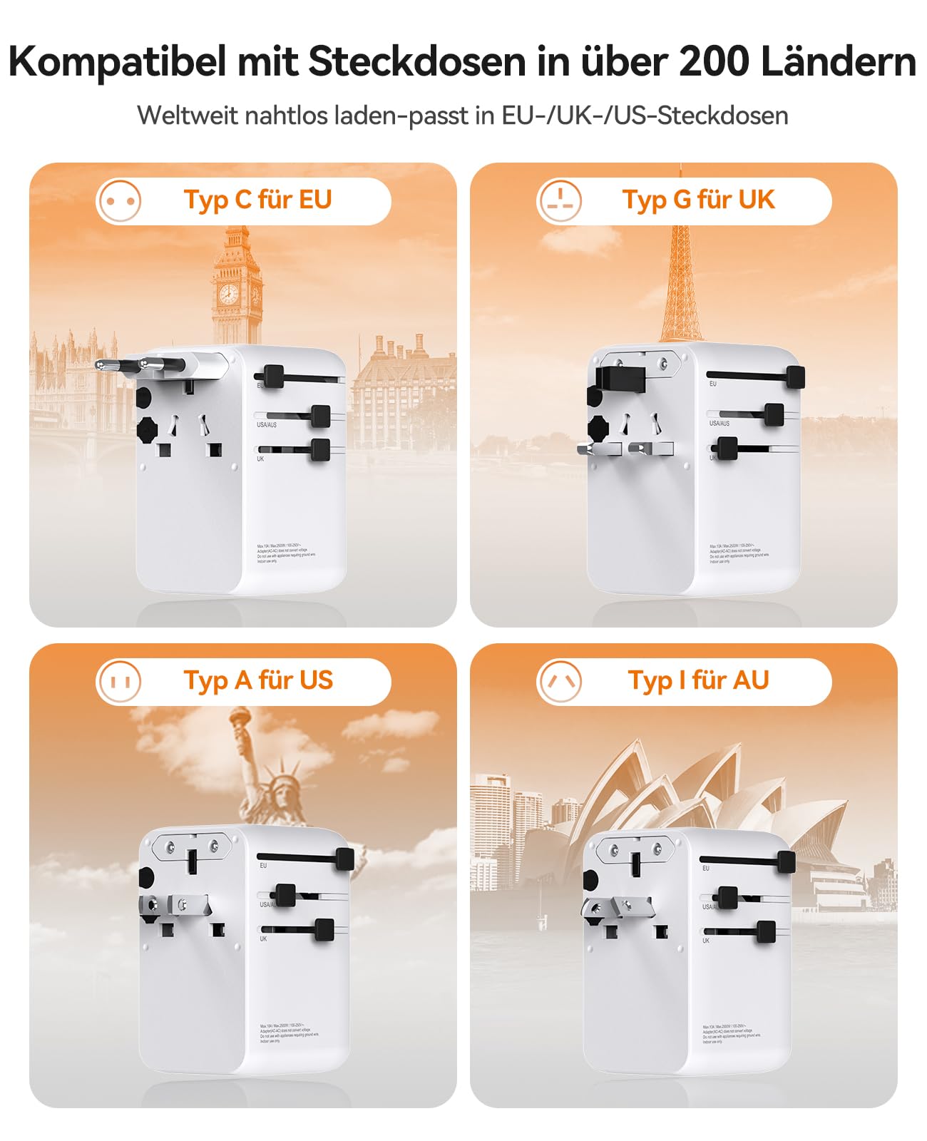 ORICO 70W GaN Reiseadapter mit Ausziehbarem Kabel, 7-in-1 Reisestecker, 3USB-C 2USB-A 2AC, 2 Sicherungen, Internationaler Adapter für Europa, UK, USA, Asien - UAX(Weiß)