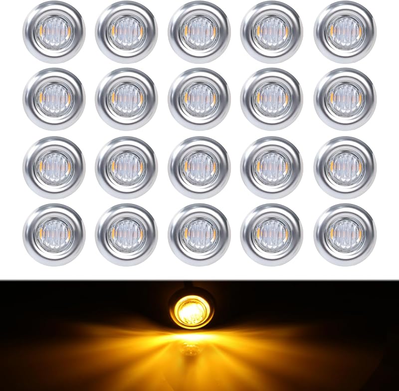 Luzes de posição laterais LED TMH âmbar com lente transparente e aro inox – Kit com 20 unidades
