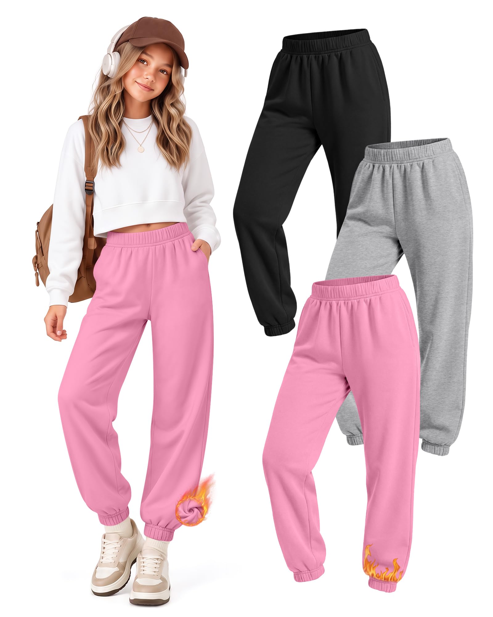 3 Pack Girls Fleece Sweatpants Thermal Joggers Pants