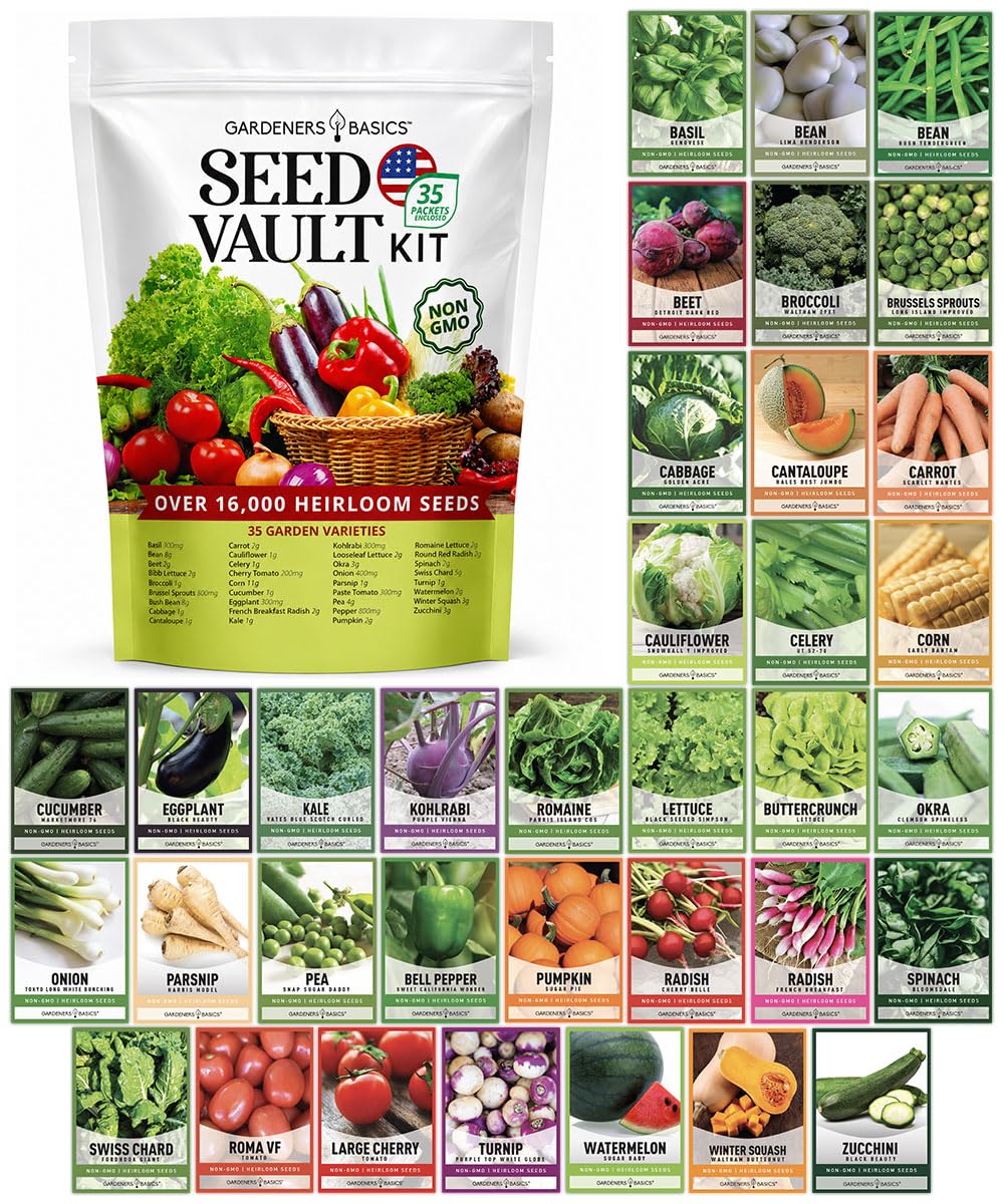 Gardeners Basics Survival Vegetable Seeds Garden Kit Over 16,000 Seeds Non-GMO and Heirloom, Great for Emergency Bugout Survival Gear 35 Varieties Seeds for Planting Vegetables 35 Free Plant Markers
