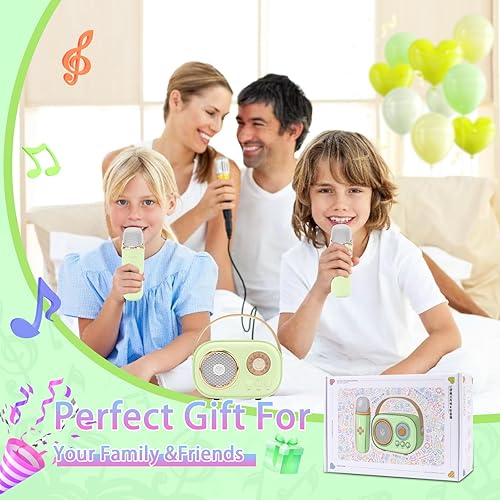 Miniatura 7 de Mini máquina de karaoke para niños, altavoz Bluetooth portátil con 2 micrófonos inalámbricos, juguetes para niñas y niños, juego de altavoces retro,