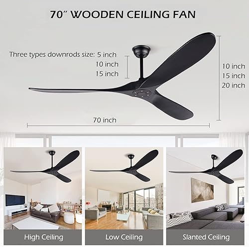 Miniatura 2 de Ventiladores de techo de madera maciza sin luz, ventilador de techo de madera real de 70 pulgadas con control remoto y 3 cuchillas, ventilador de