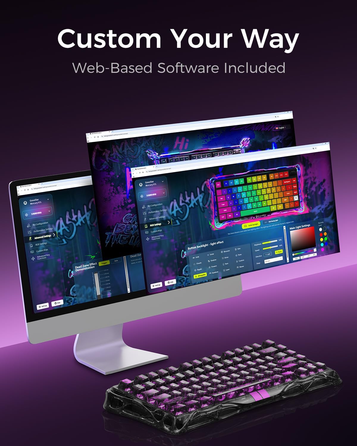 GravaStar Mercury V75 Lite Hall Effect Magnetic Gaming Keyboard – 8KHz Rapid Trigger Wired 75% Keyboard, Adjustable Actuation, Hot-Swappable Switches, Transparent RGB for PC/Mac - Image 8