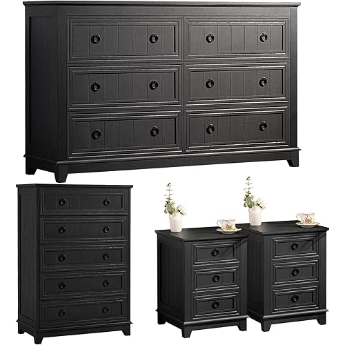 Joaxswe Bedroom Dresser and Nightstand Sets 4 Piece, Farmhouse 6 Drawers Dresser & 42" Tall Chest of Drawers, 18" Nightstands Set of 2, 54" Wide Furniture Dressers for Bedroom, Living Room, Black