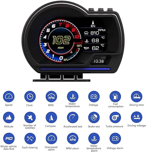 Miniatura 2 de ACECAR Pantalla frontal HUD para automóvil, OBD+GPS indicador inteligente con prueba de freno de prueba, alarma de sobrevelocidad HD LCD de reajuste