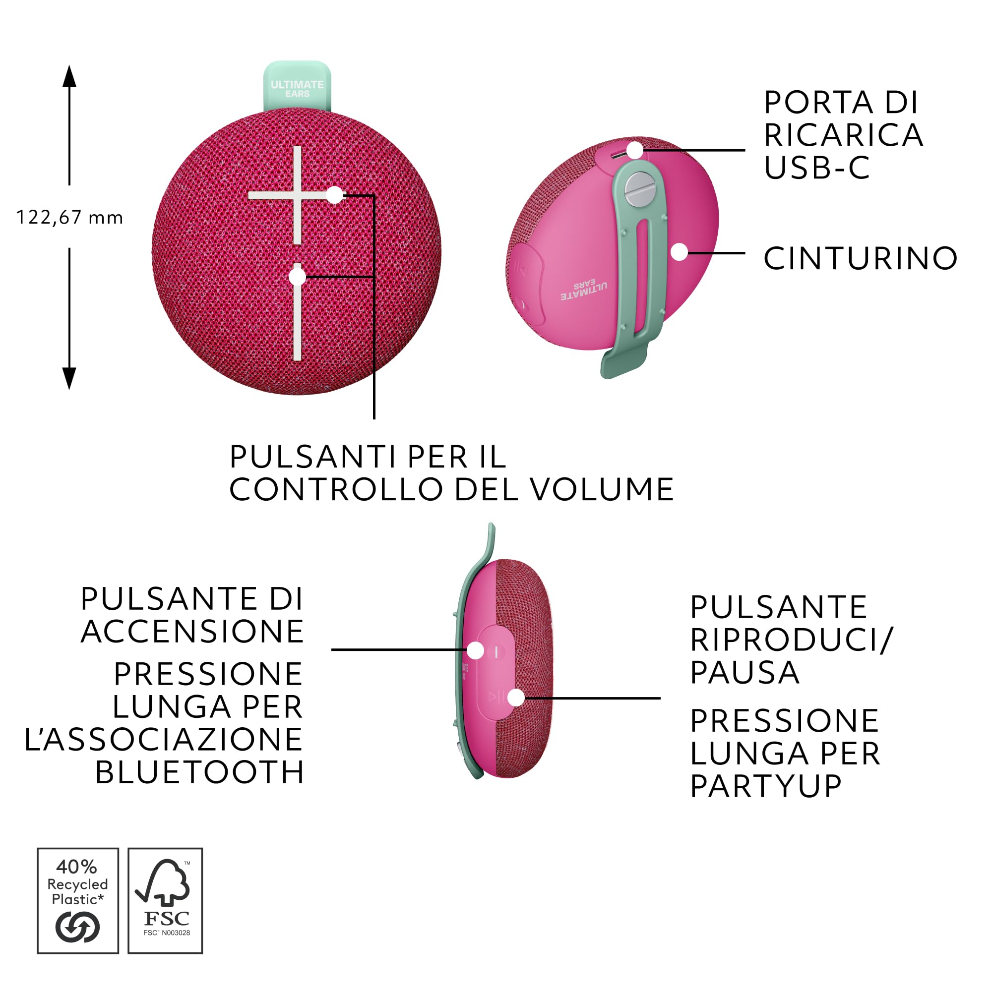 Ultimate Ears Miniroll Altoparlante Bluetooth impermeabile ultraportatile, bassi potenti, resistente alla polvere IP67, raggio d’azione di 40 m - Calming Pink