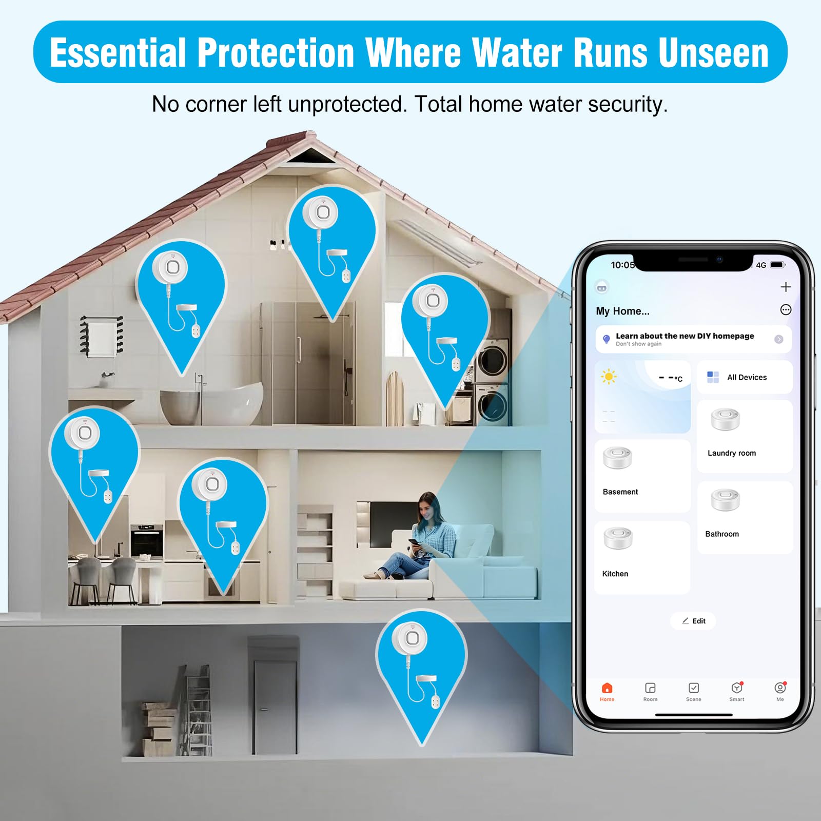 DAYTECH WLAN-Wasserleck-Detektor, 110 dB, Wasseralarm mit Telefonwarnungen und 2 m Detektorkabel, intelligenter Wasserstandssensor für Keller/Waschküche/Küche, 2er-Pack (nur 2,4 G WLAN)