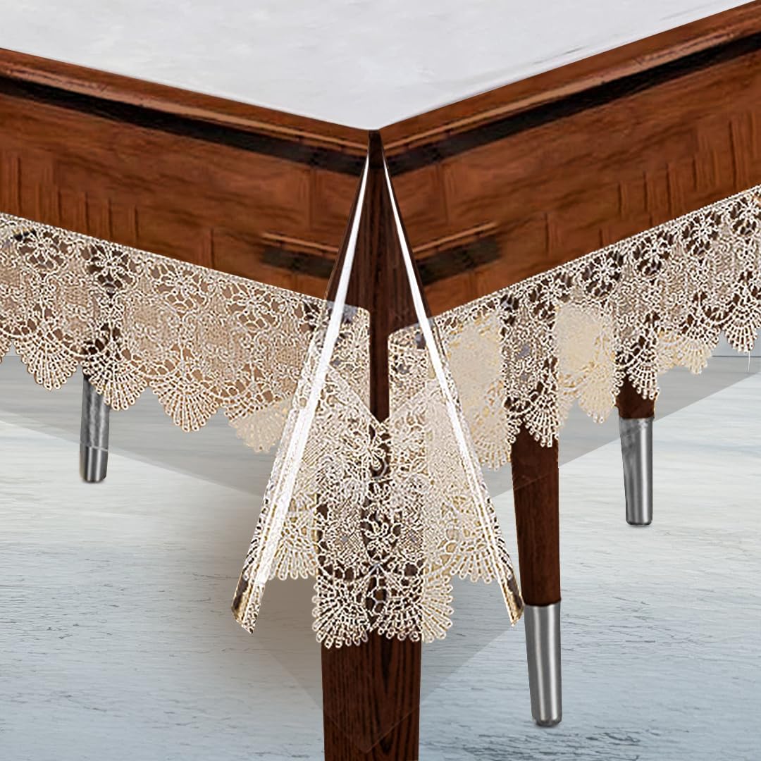 Homerz Premium 6-8 Seater Transparent Dining Table Cover, Thick Cover, Designer Border (Evergreen Beige, 60x90 inch)