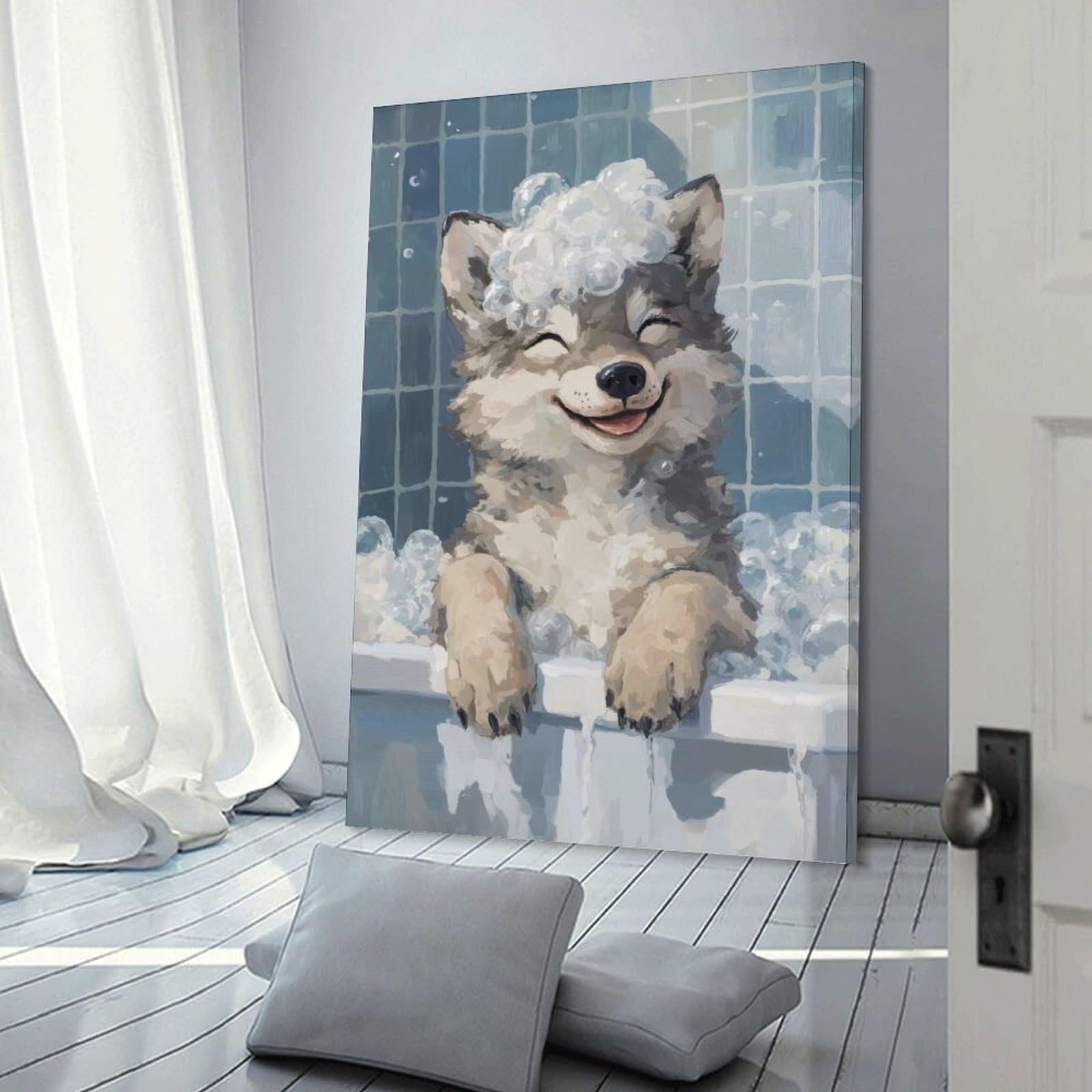 Junmoney Frame-Style-16 Wolf Pup Bath Time Wall Picture Print 20X30inch(50X75cm), For Calm Bedrooms, Home Corners Or Flats, Home Artwork With A Soft Interior Feel