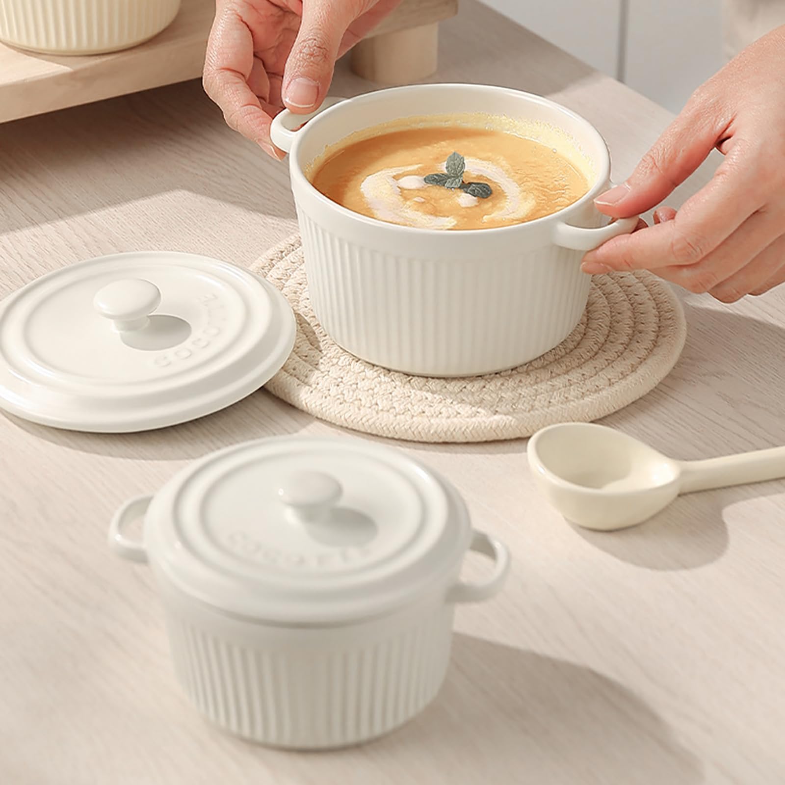Kook Ciotole In Ceramica Impilabili Con Manici – Set Da 4, Bianco Opaco, 669g, Adatte A Forno E Microonde, Per Zuppe E Casseruole